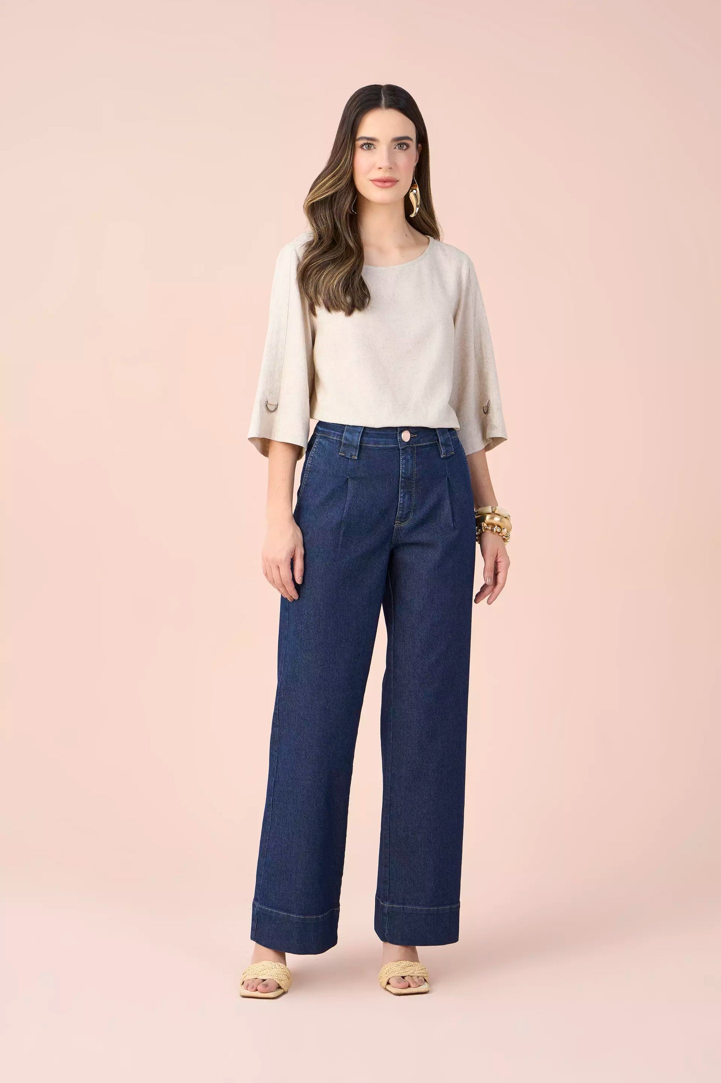 calça jeans wide leg cintura intermediária alfaiataria