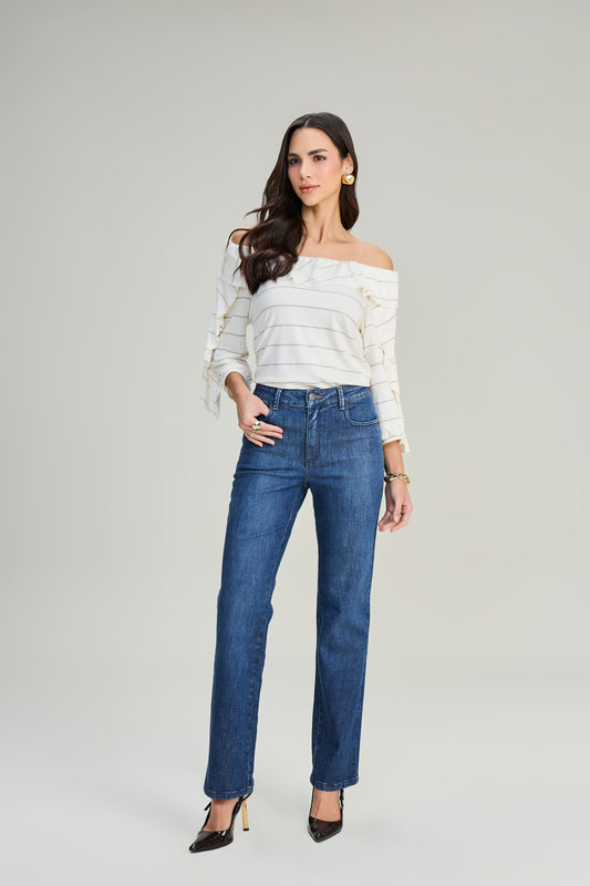 calça jeans reta cintura intermediária com detalhe travete