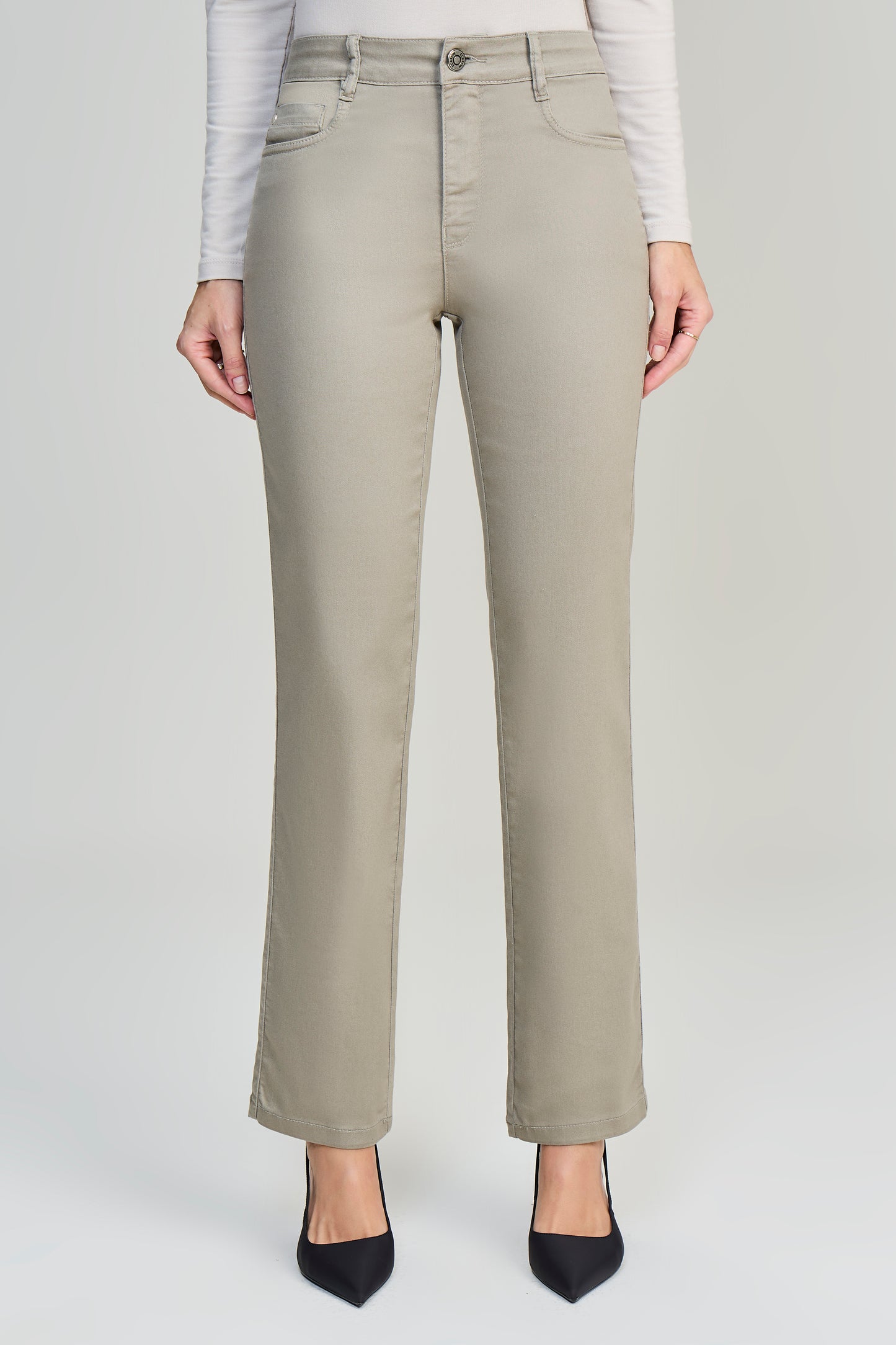 calça sarja color reta cintura intermediária com cristais