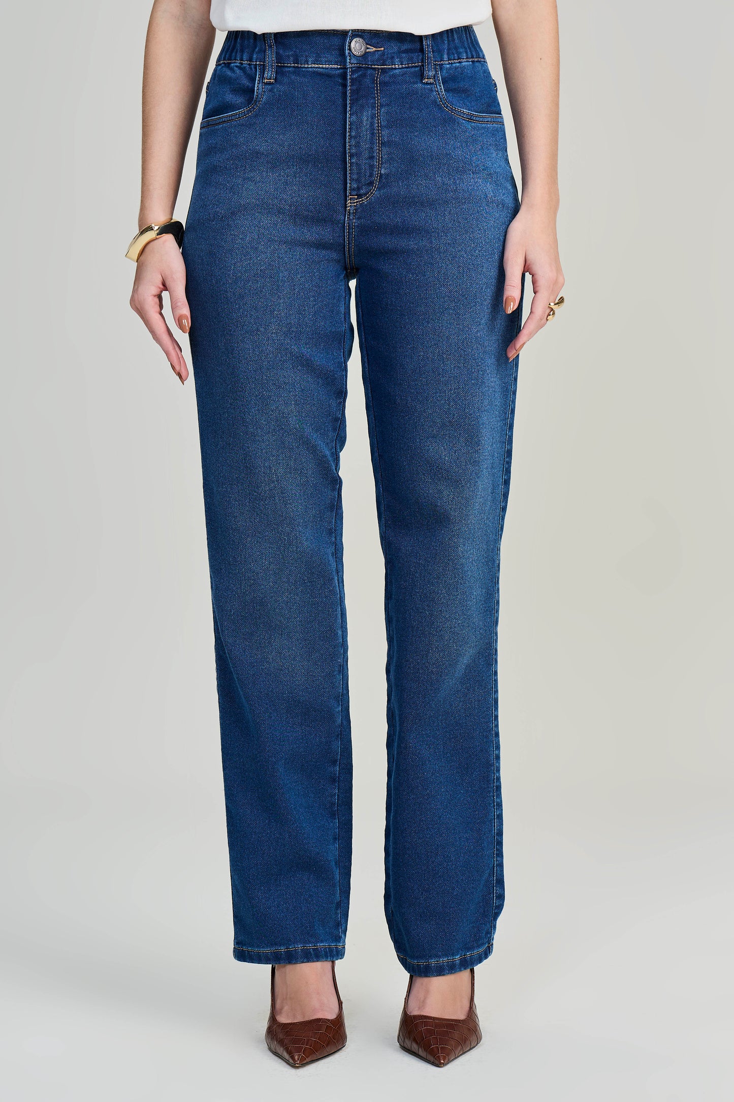 calça jeans malha reta cintura intermediária com elástico