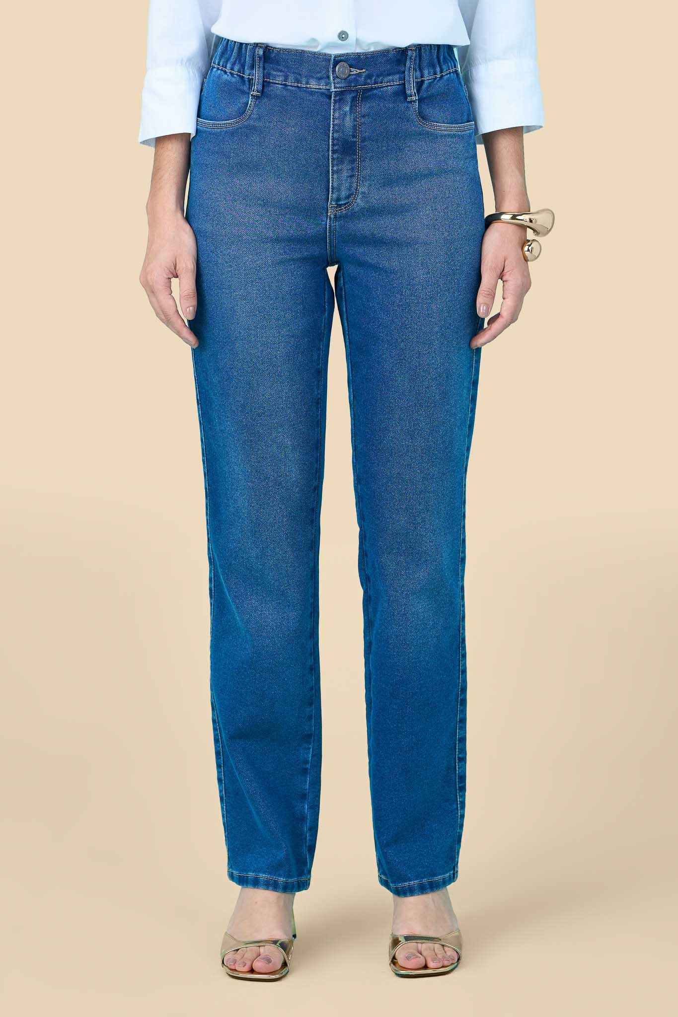 calça jeans malha reta cintura intermediária comelástico