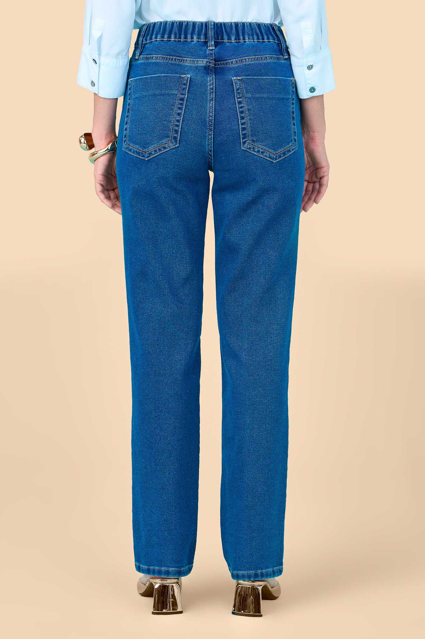 calça jeans malha reta cintura intermediária comelástico