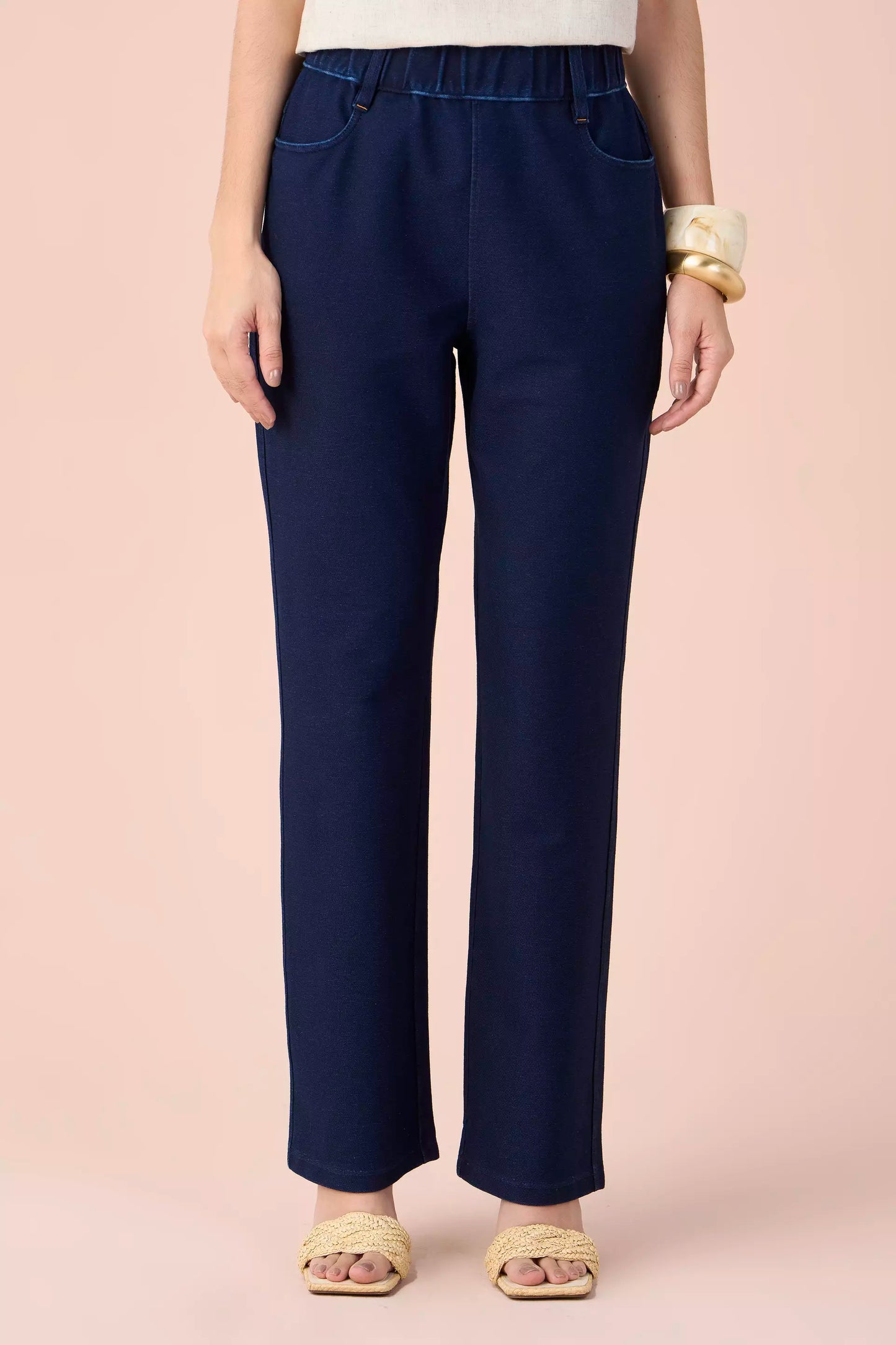 calça malha denim reta cintura intermediária cós elástico
