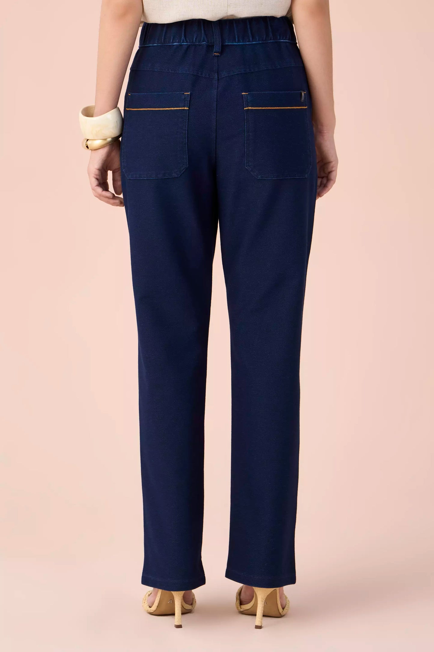 calça malha denim reta cintura intermediária cós elástico