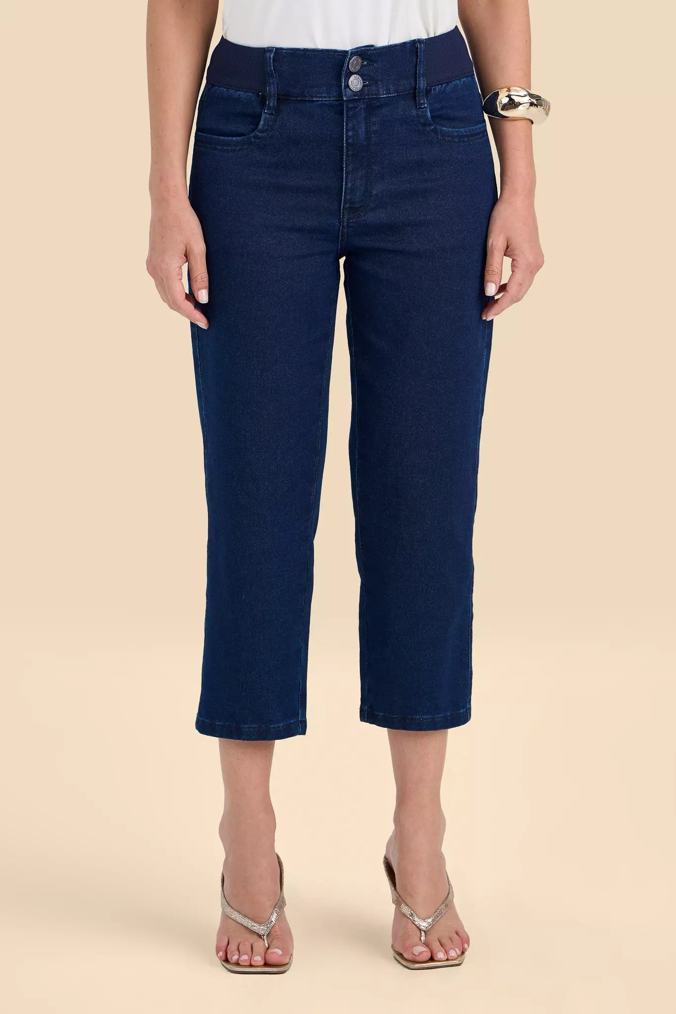 calça jeans malha cropped cintura intermedíaria cós de tricot