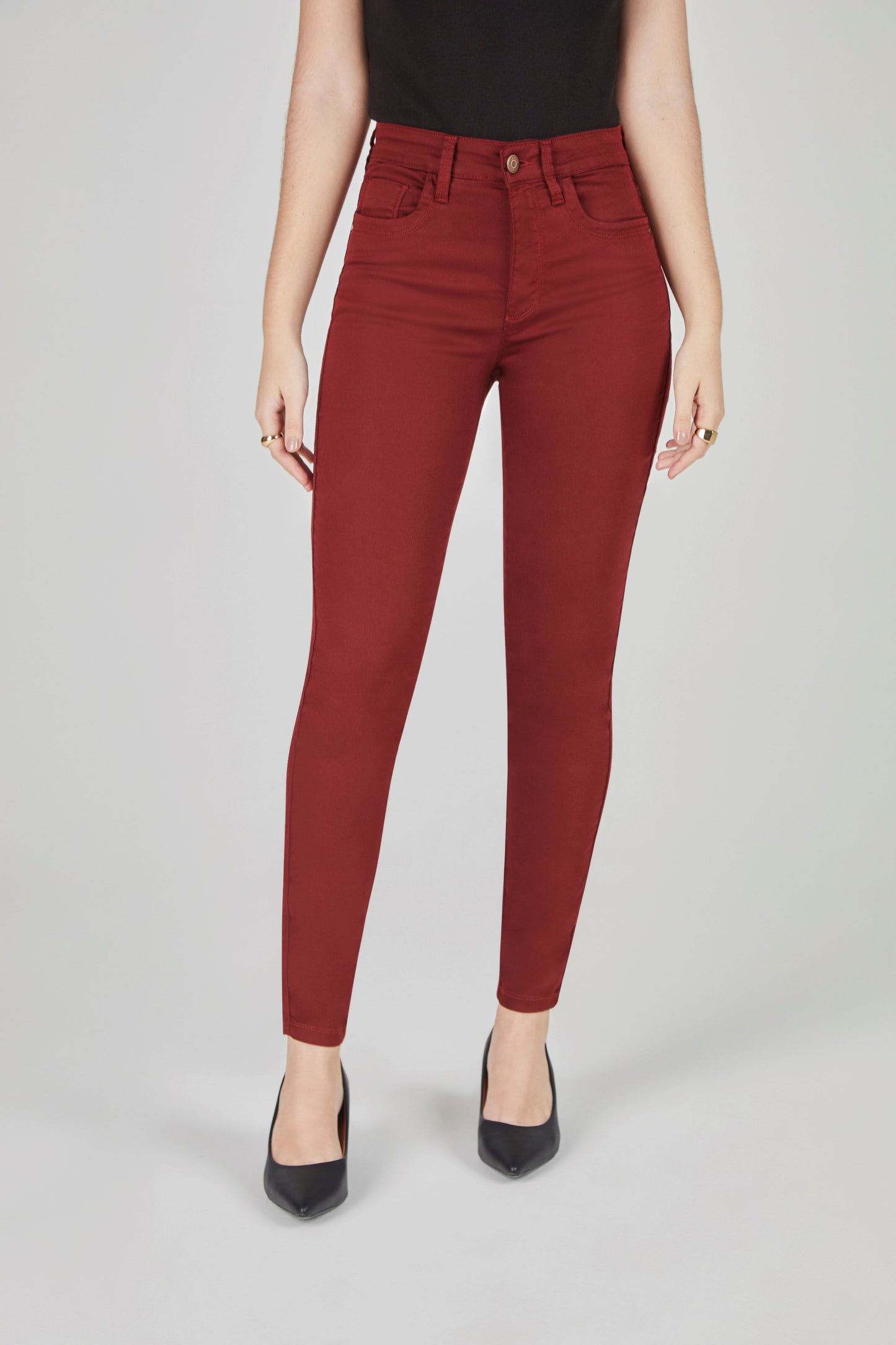 calça sarja color skinny cintura intermediária básica