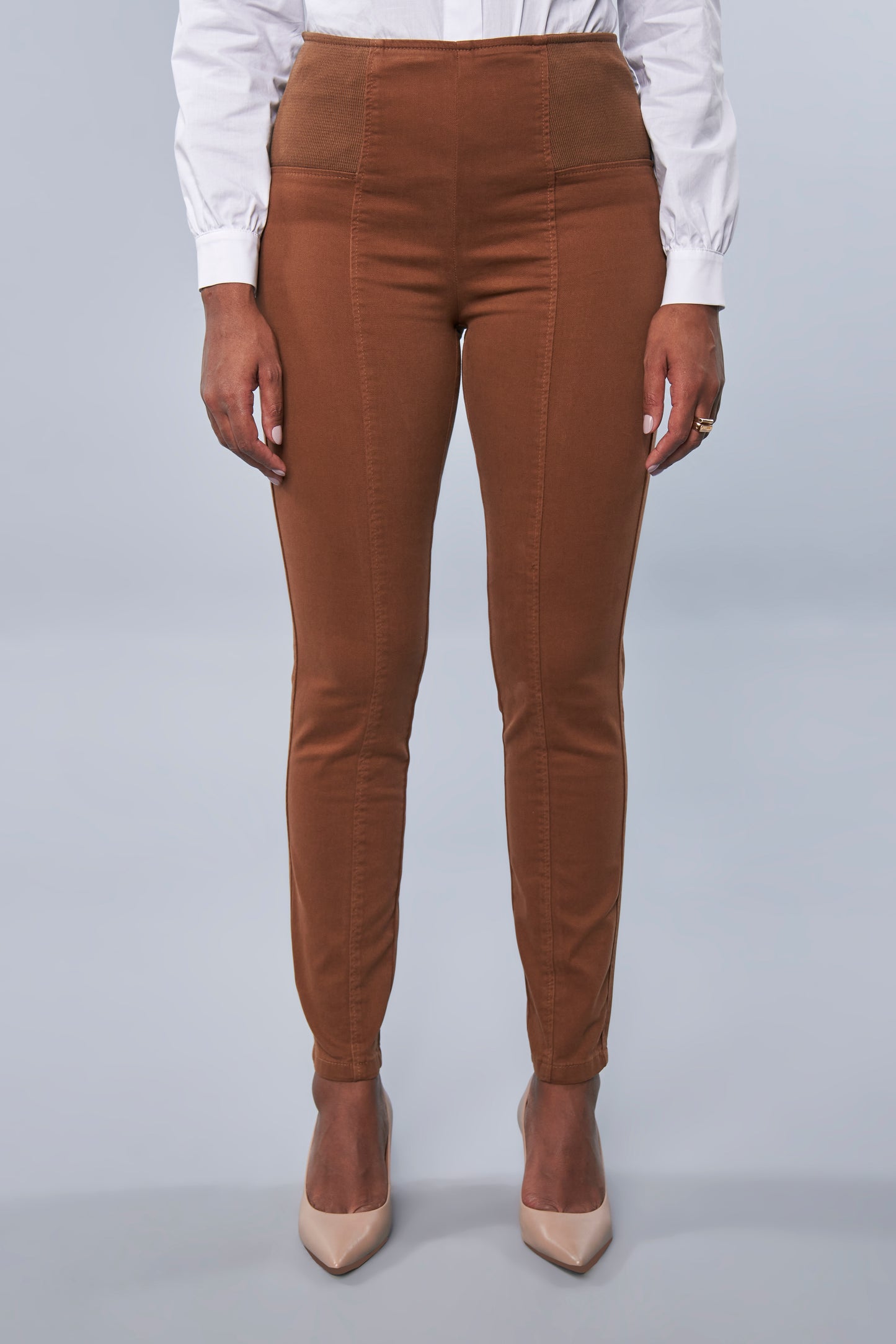 calça malha color skinny cintura intermediária cós de tricot largo