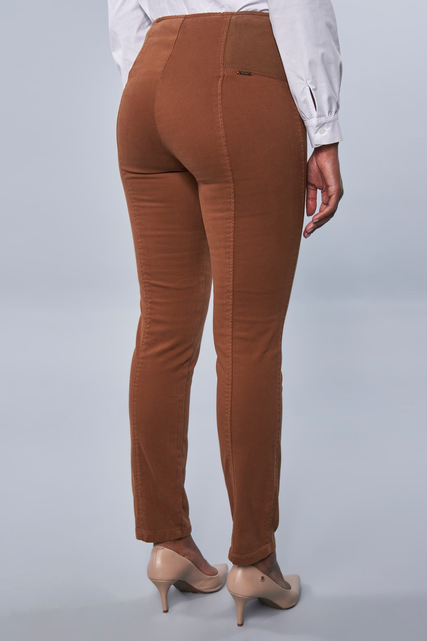 calça malha color skinny cintura intermediária cós de tricot largo