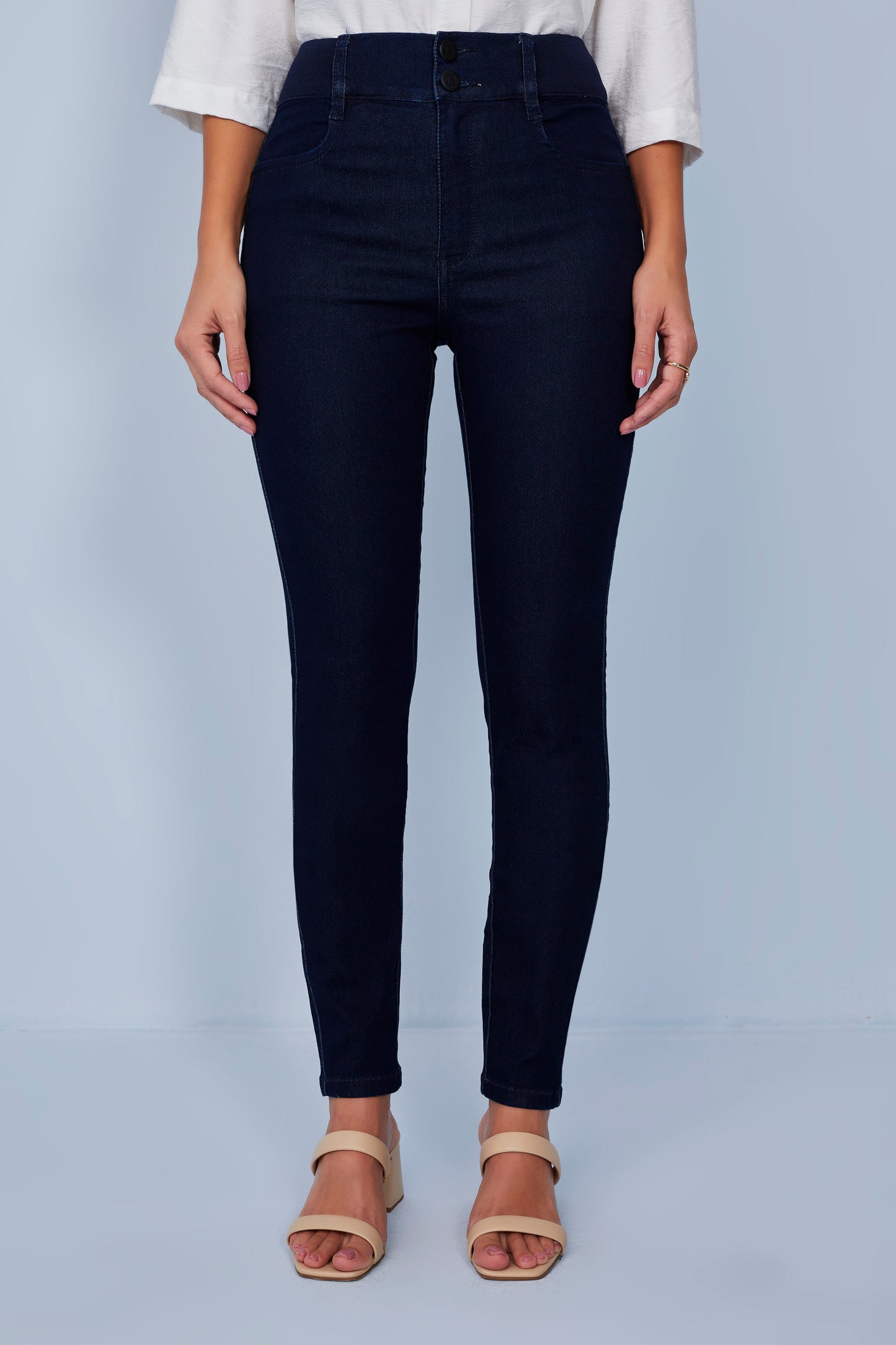 calça jeans skinny cintura intermediária cós de tricot
