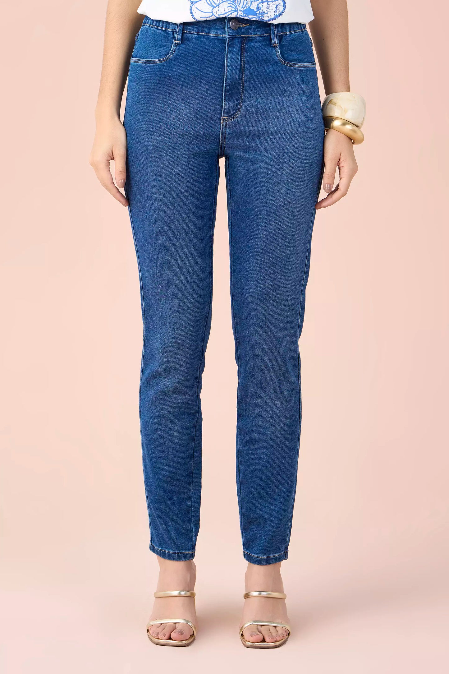 calça jeans malha skinny cintura intermedíaria com elástico