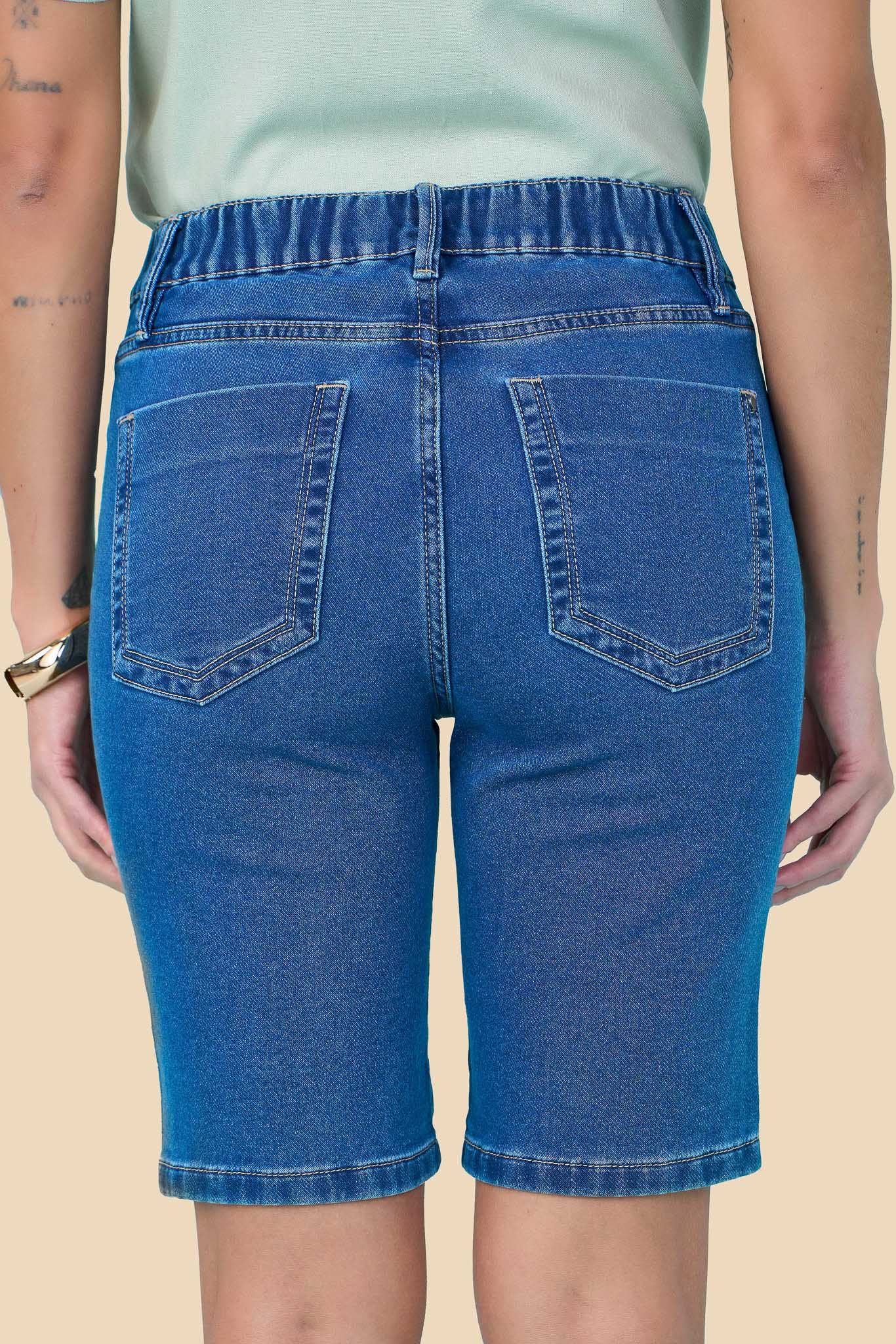 bermuda jeans malha ciclista cintura intermediária comelástico