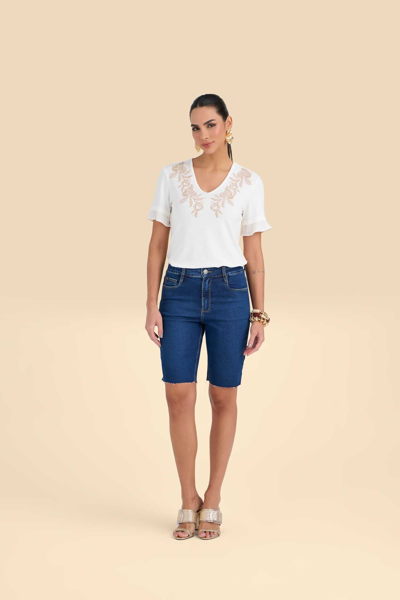bermuda jeans ciclista cintura interemediária com barra a fio