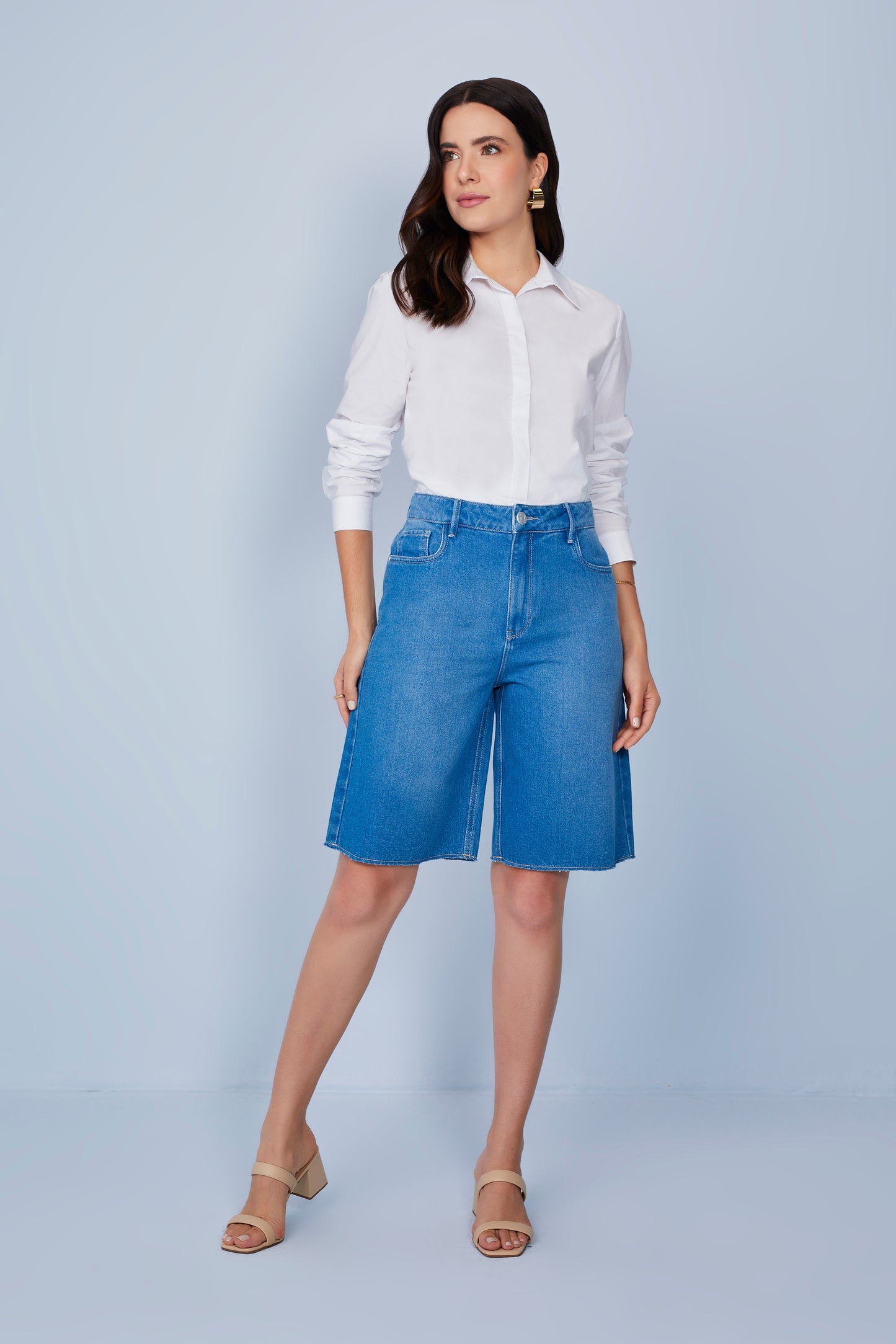 bermuda jeans jorts cintura intermediária barra a fio