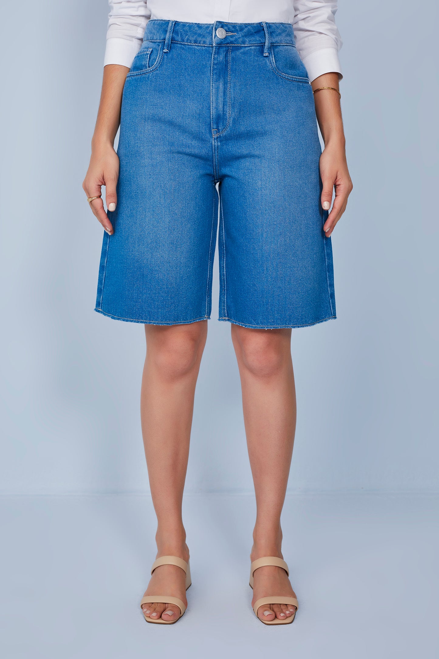 bermuda jeans jorts cintura intermediária barra a fio