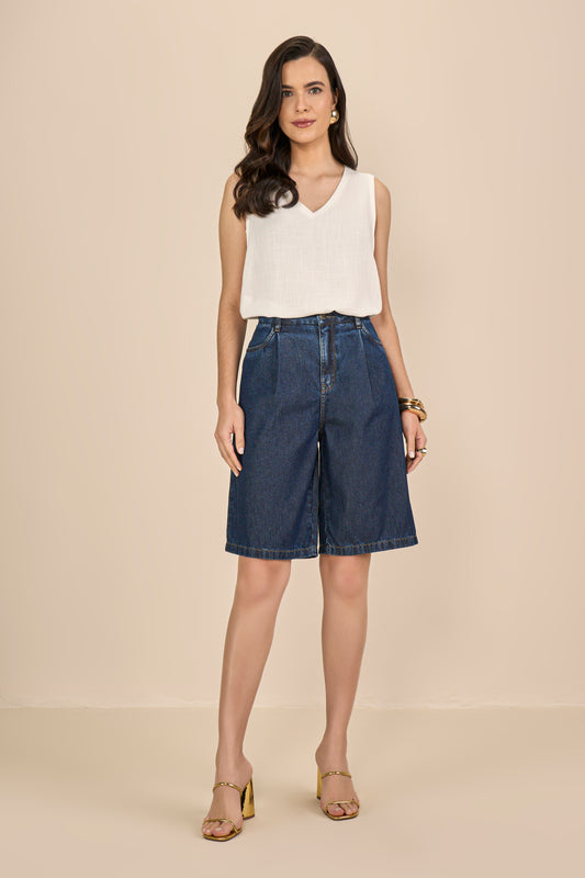 bermuda jeans jorts cintura intermediaria com pregas