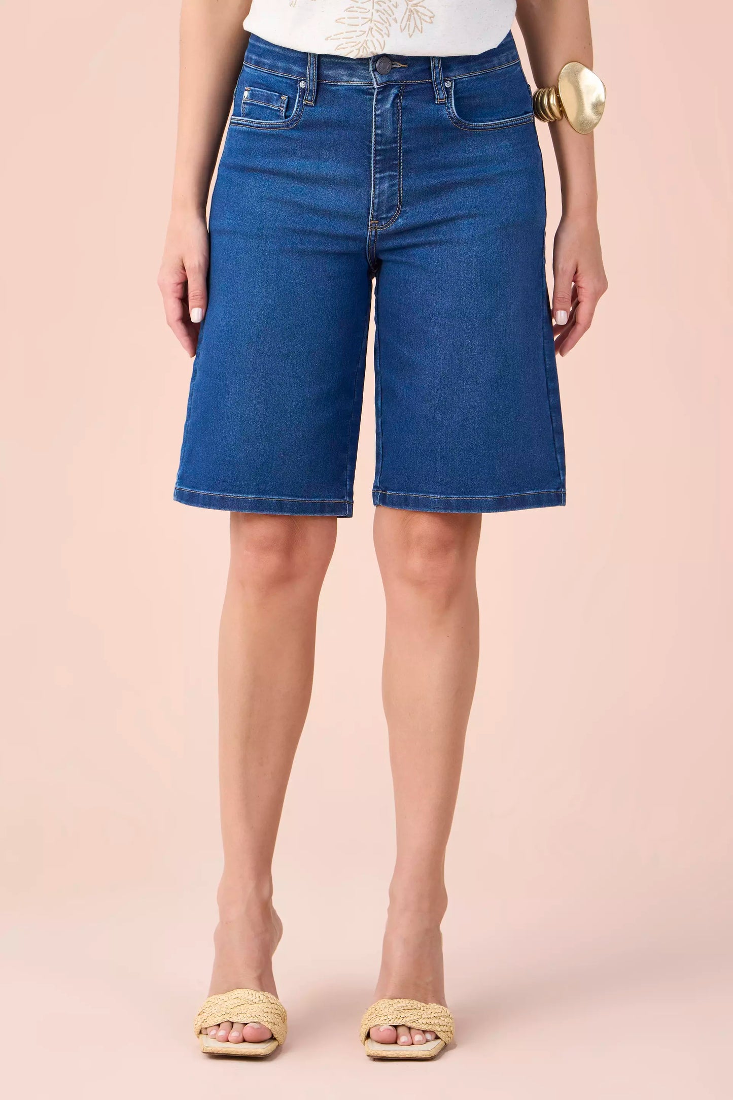 bermuda jeans jorts cintura intermediária bordada