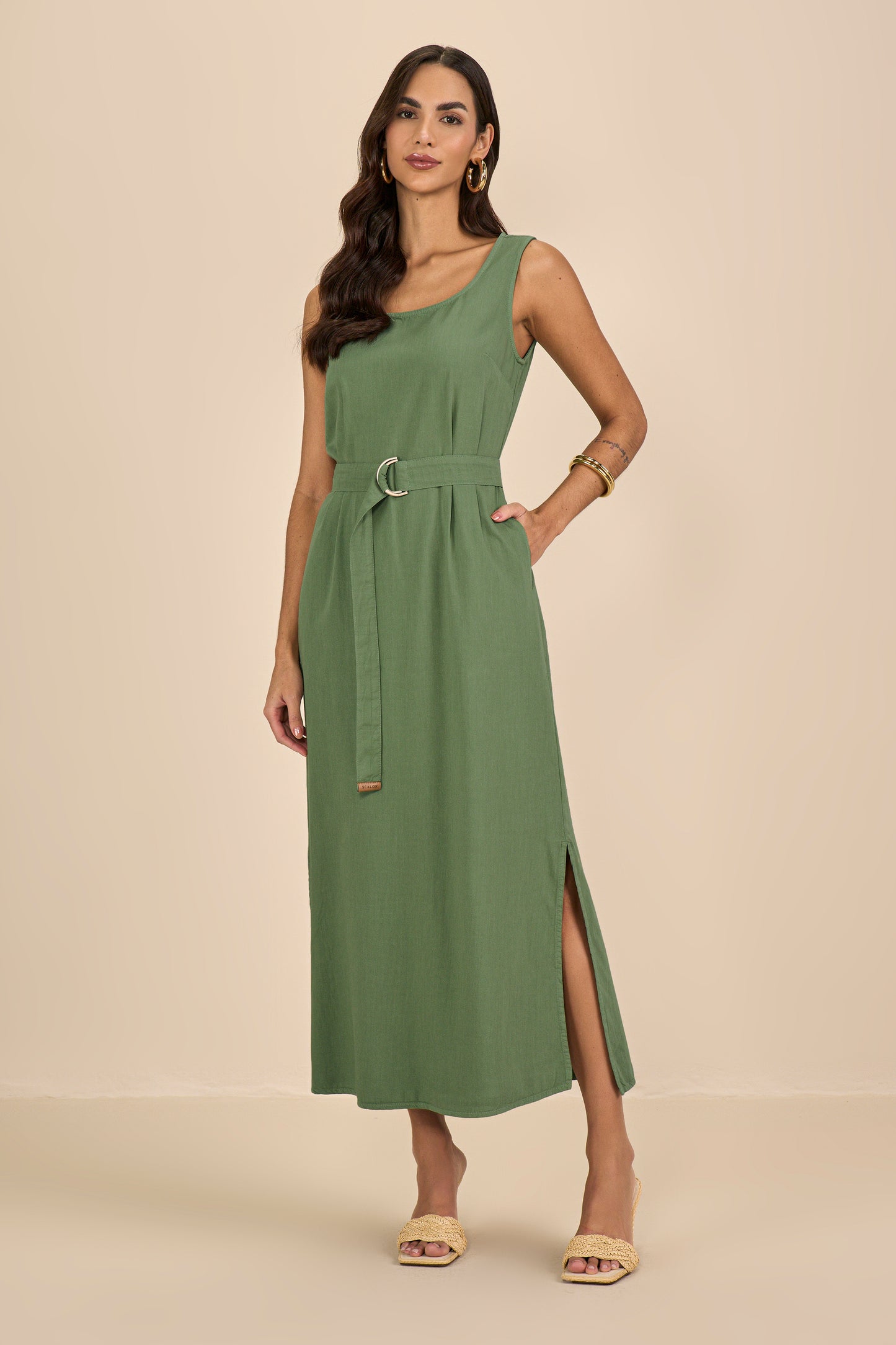 vestido sarja longuete alça larga com faixa