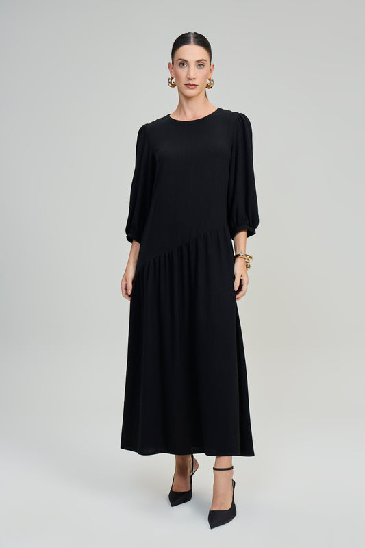 vestido viscose longuete manga 3/4 com recorte franzido