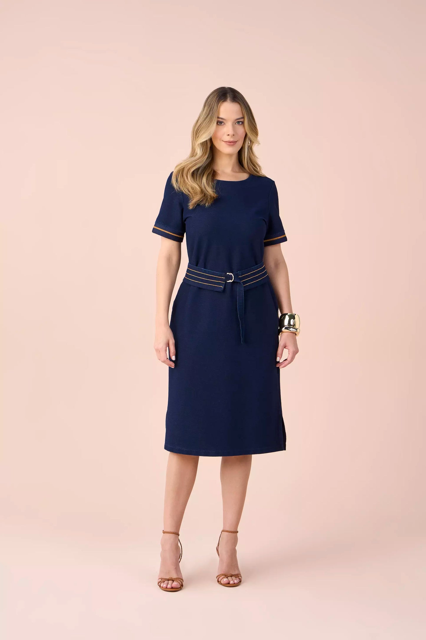 vestido malha denim curto manga curta com cinto