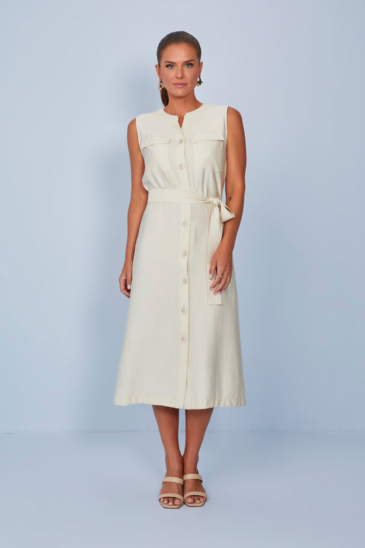 vestido viscose midi com bolsos sobrepostos