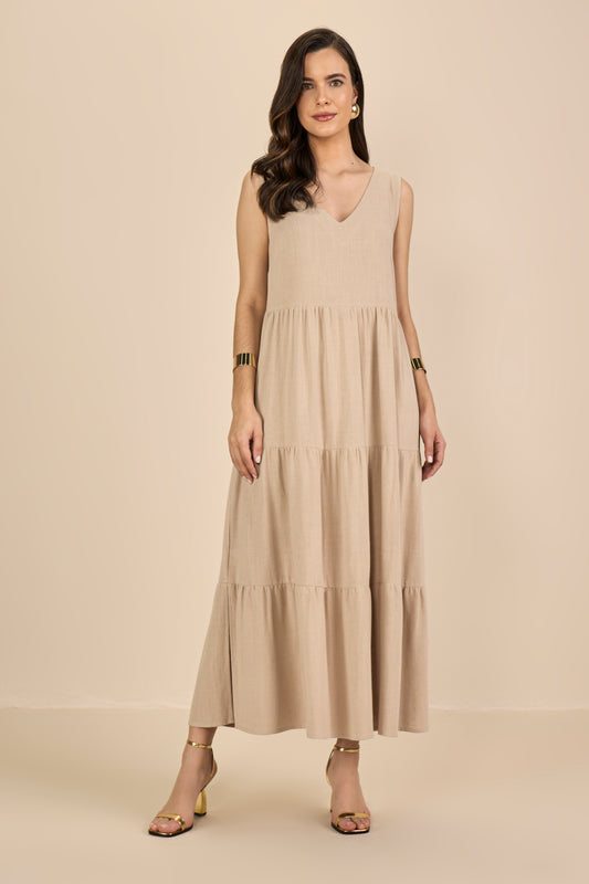 vestido viscose midi alça larga com franzidos