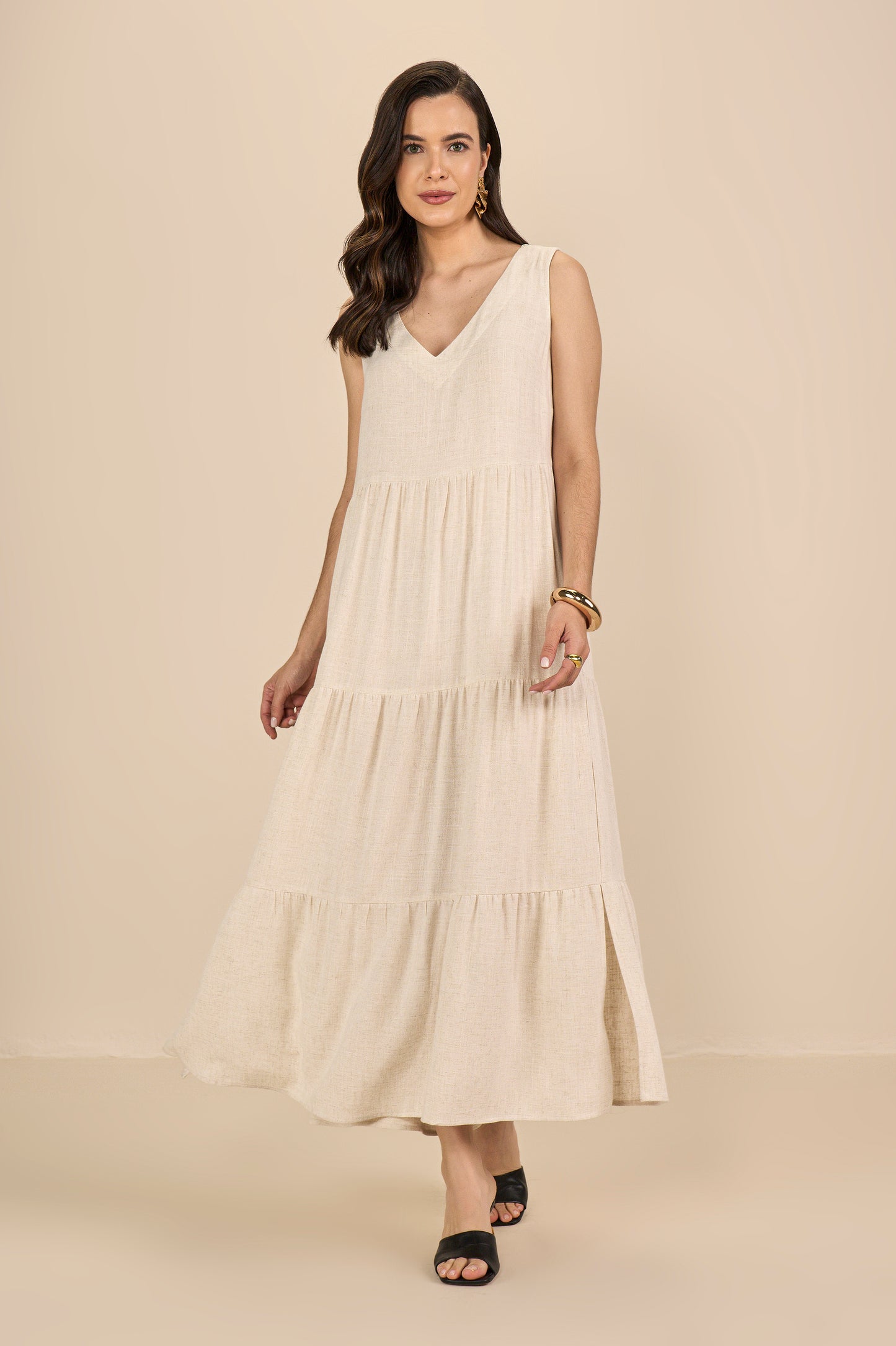 vestido viscose midi alça larga com franzidos