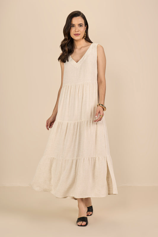 vestido viscose midi alça larga com franzidos