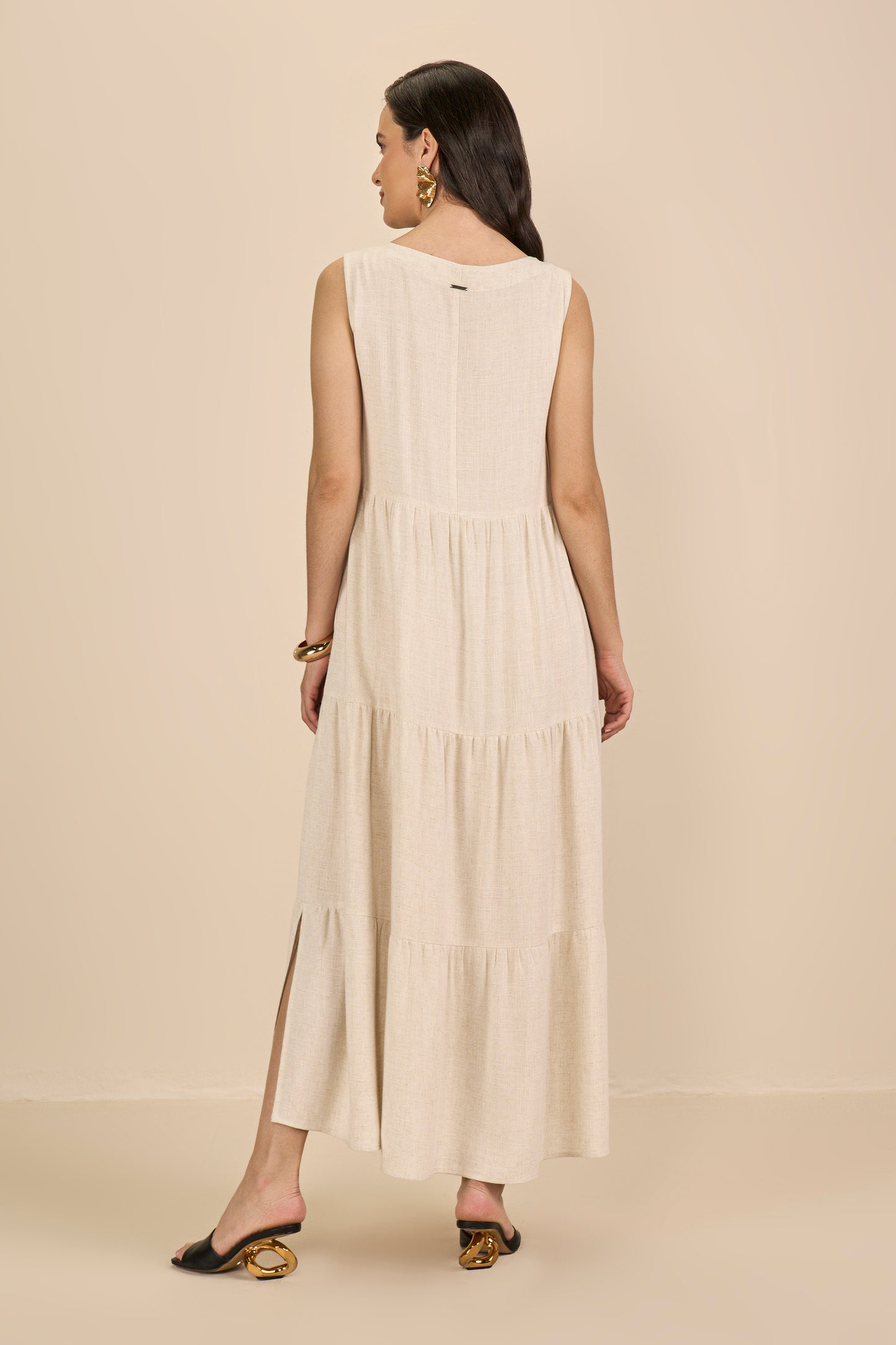 vestido viscose midi alça larga com franzidos