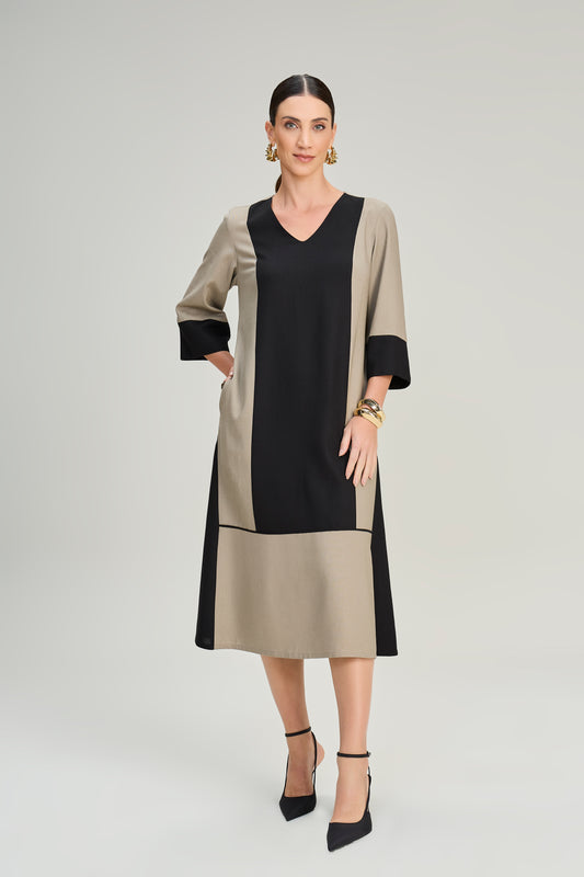 vestido viscose midi manga 3/4 com mix de tecidos