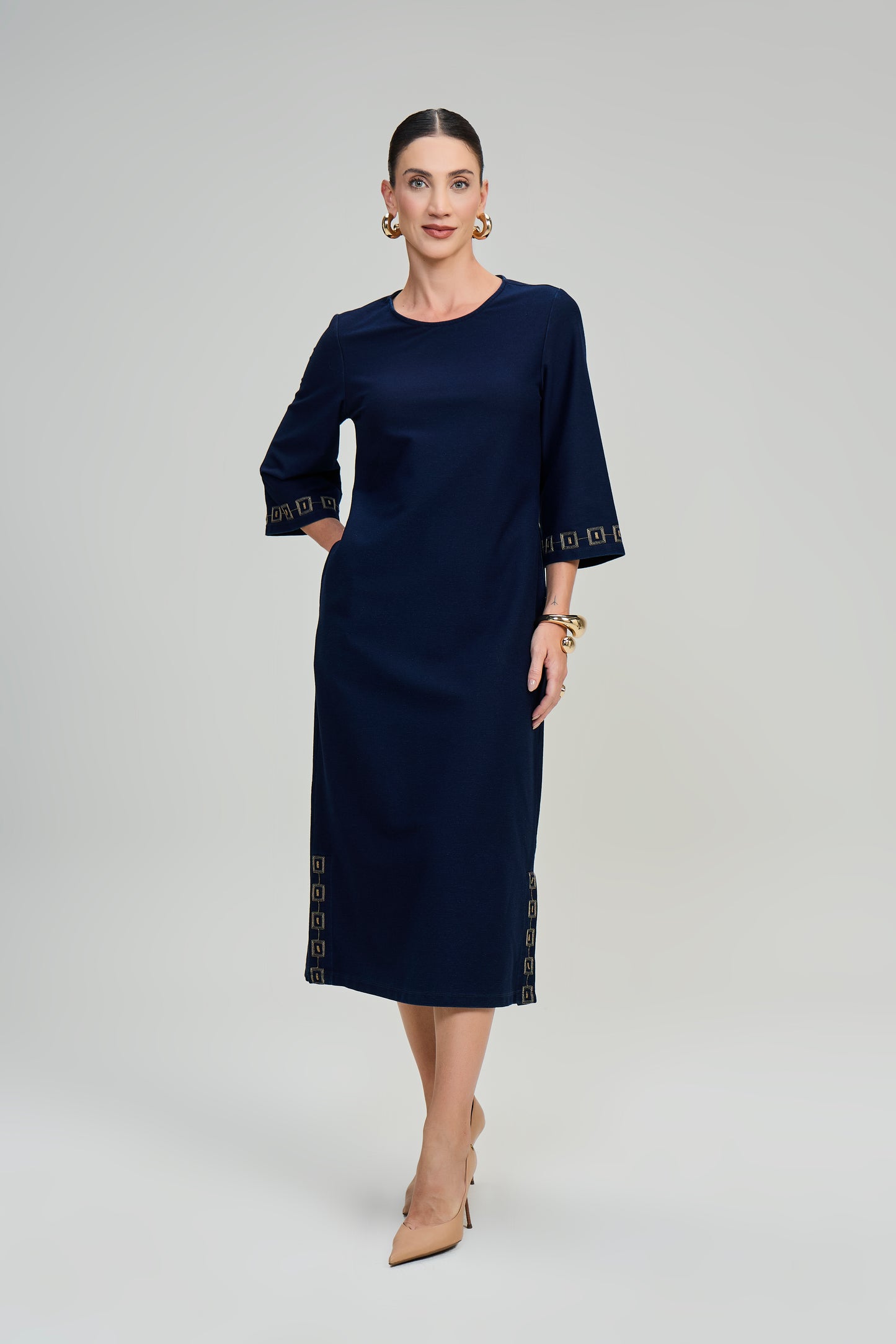 vestido malha denim midi manga 3/4 com bordado