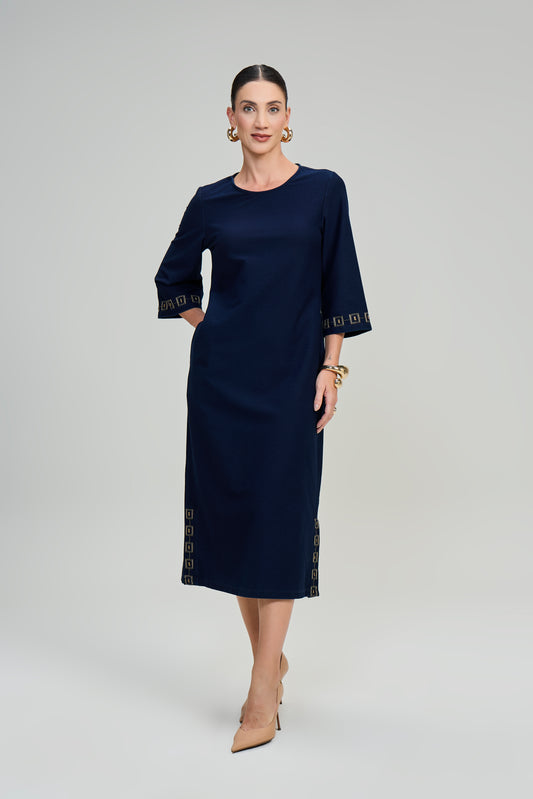 vestido malha denim midi manga 3/4 com bordado