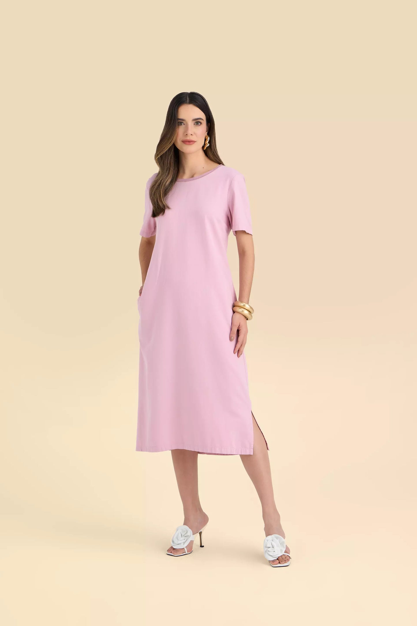 vestido sarja midi manga curta com tricot