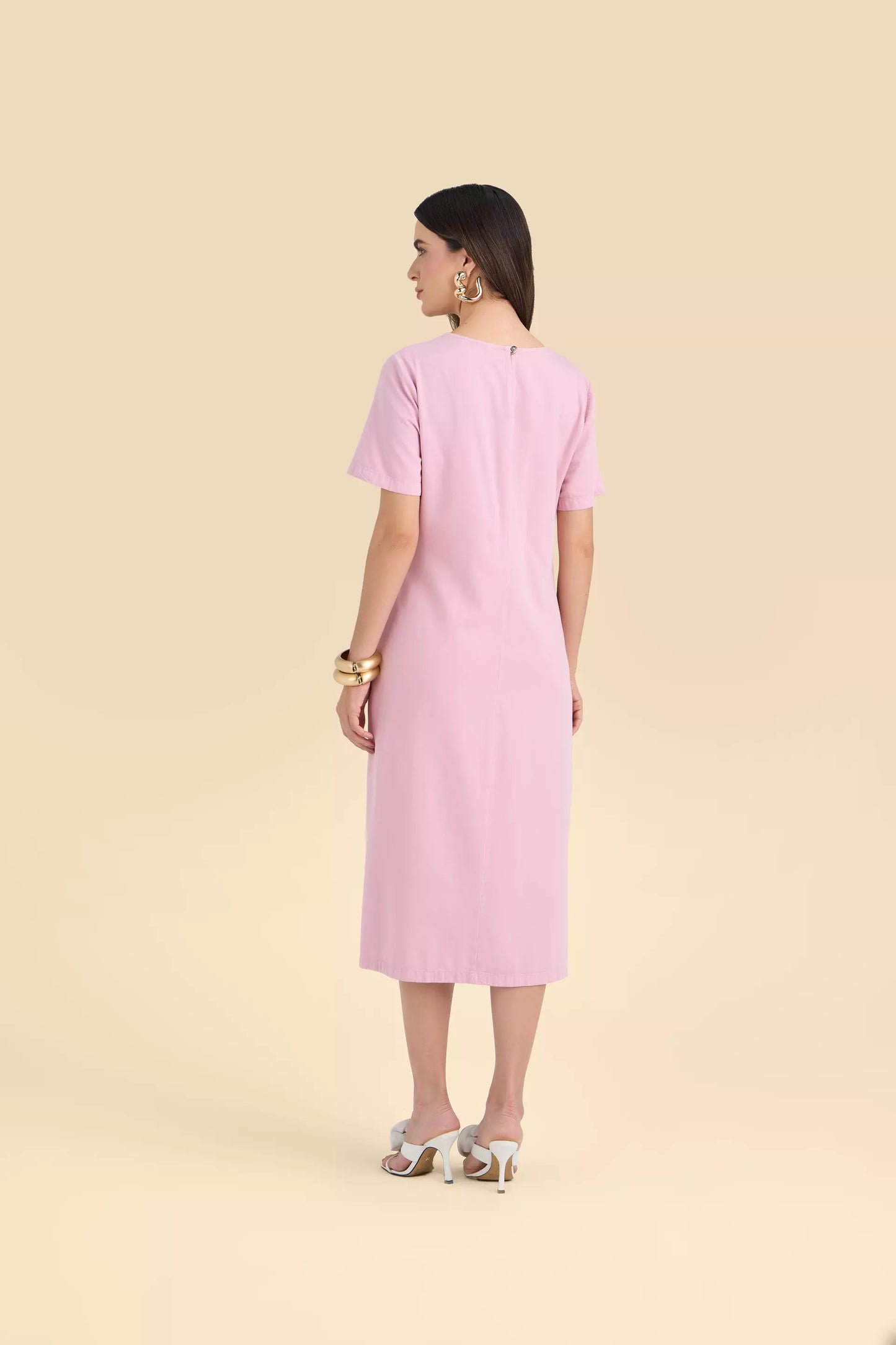 vestido sarja midi manga curta com tricot