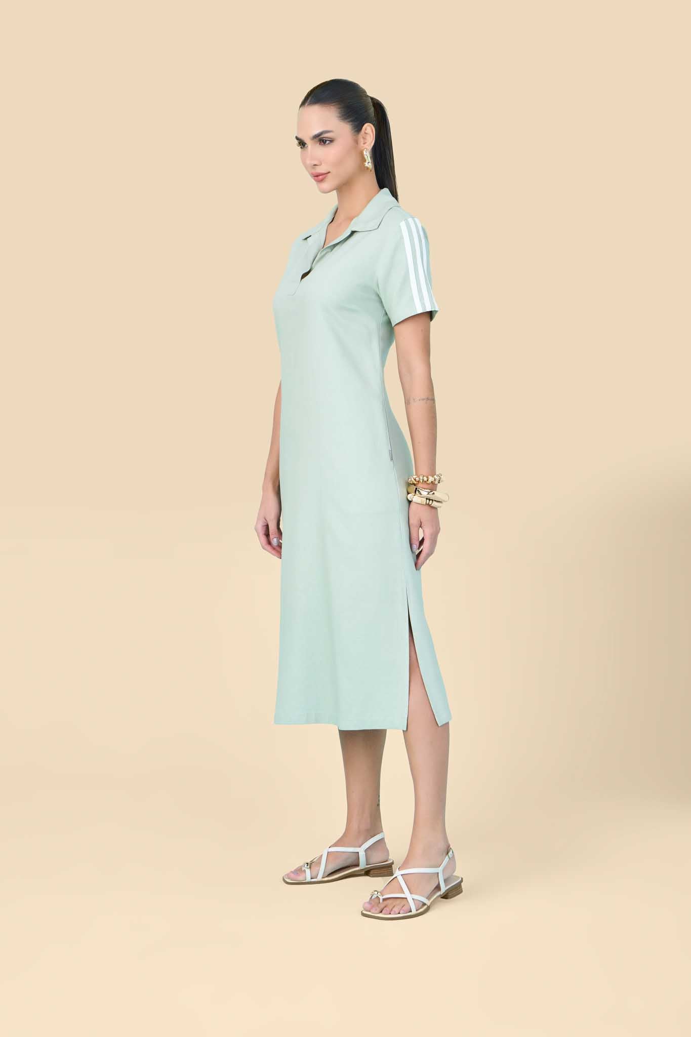 vestido viscose midi manga curta com detalhe viés