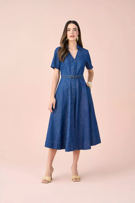 vestido jeans midi manga curta com cinto