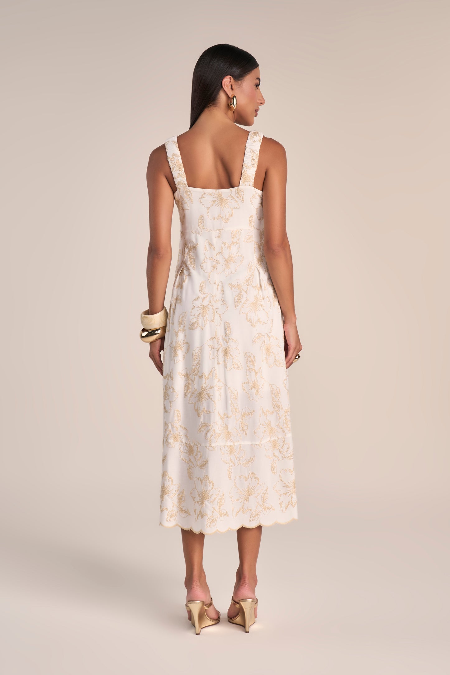 Vestido Viscose Midi Alça Larga com Detalhe Barrado