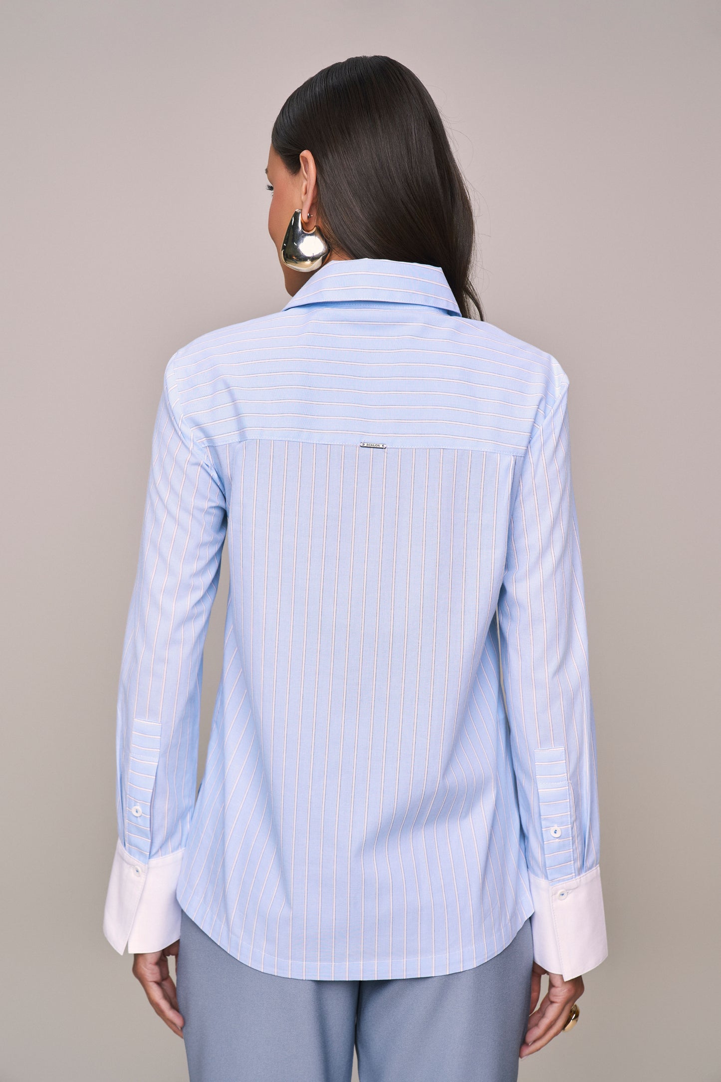 camisa algodão manga longa listrada com mix de tecido