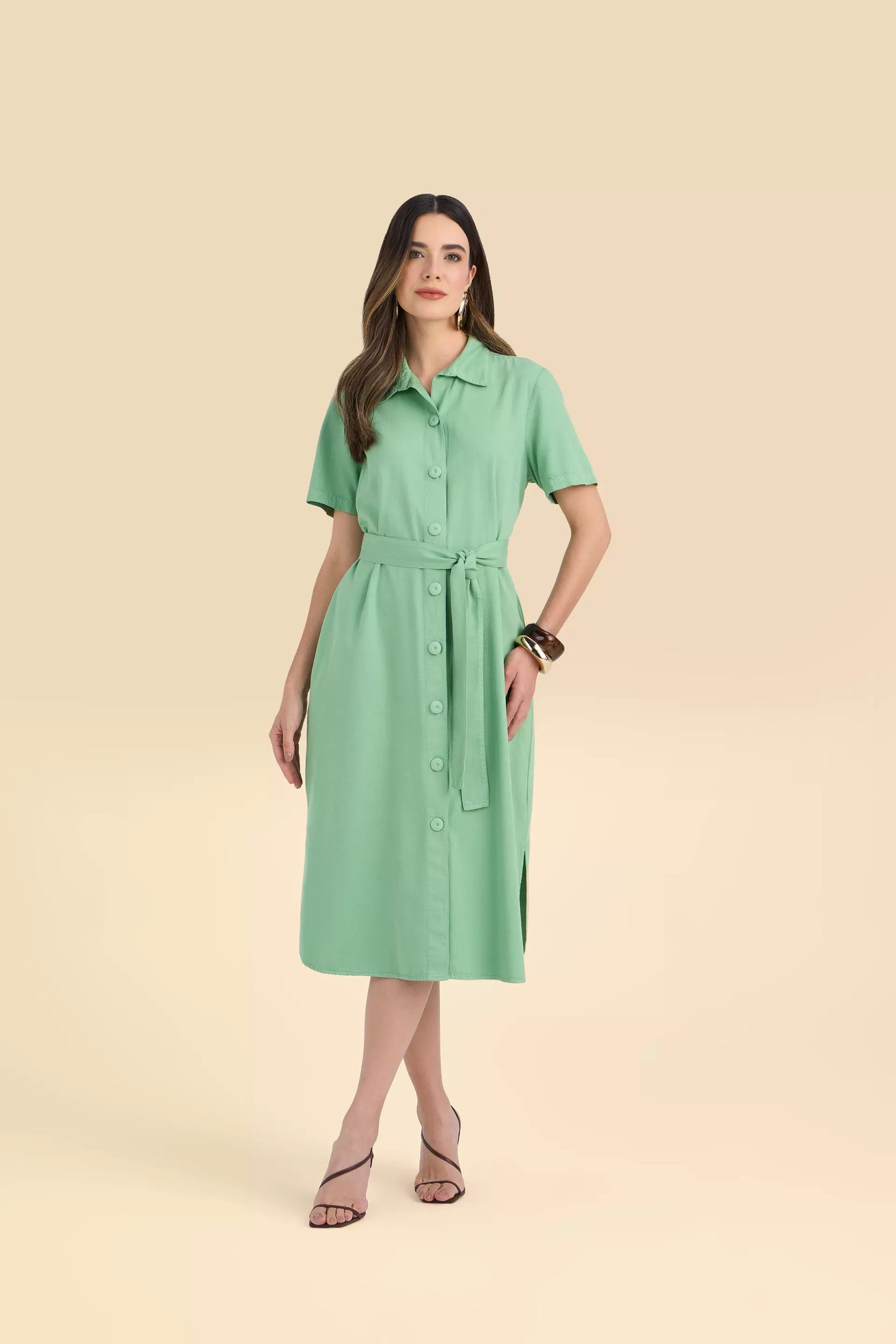 vestido chemise sarja manga curta com faixa