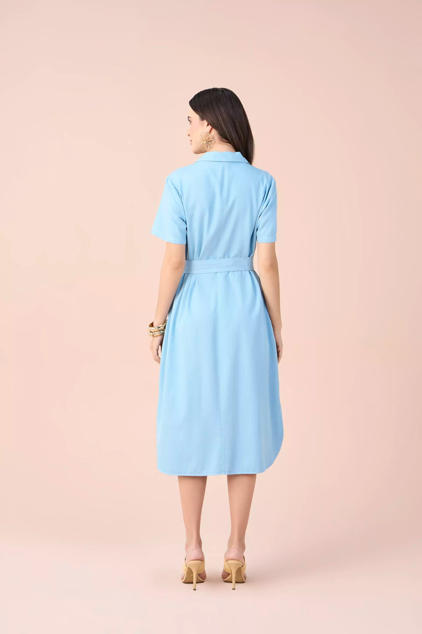 vestido chemise sarja manga curta com faixa