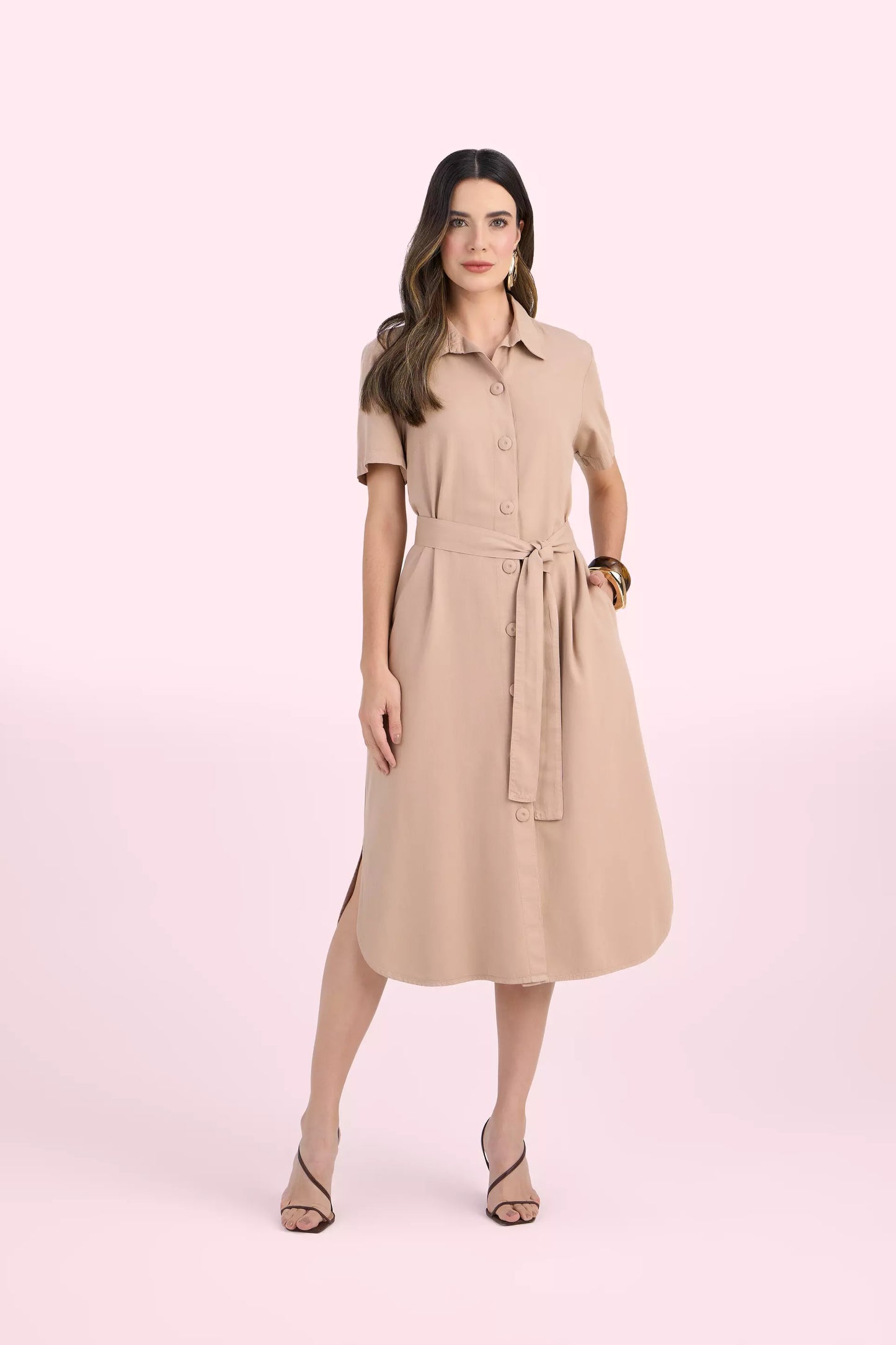 vestido chemise sarja manga curta com faixa