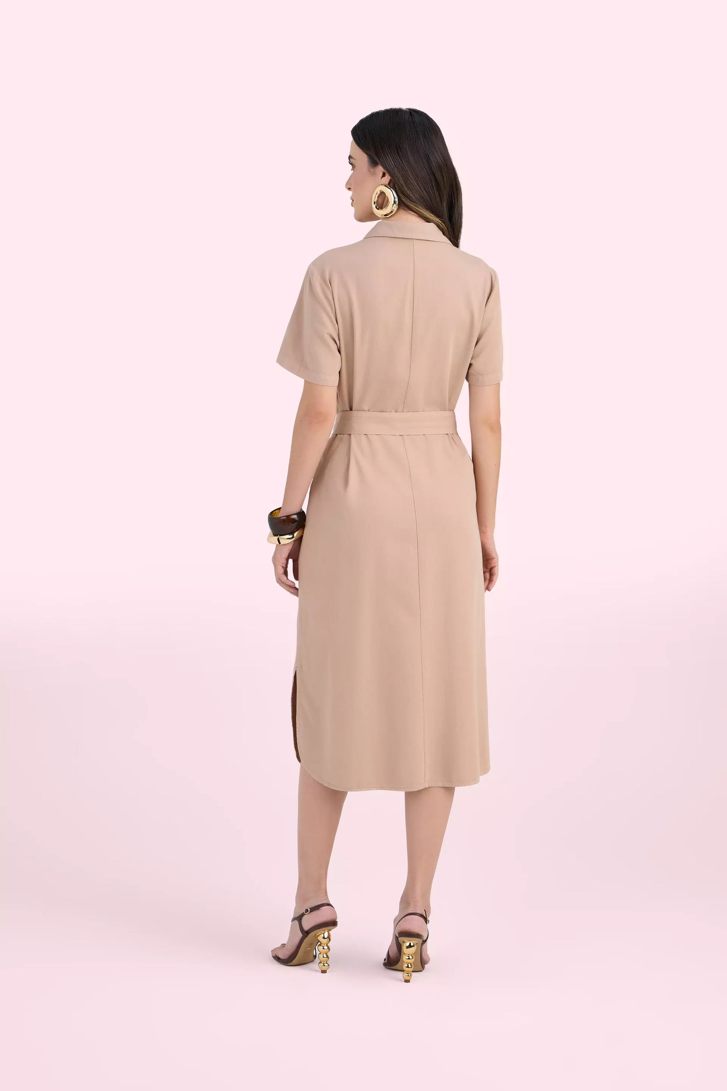 vestido chemise sarja manga curta com faixa
