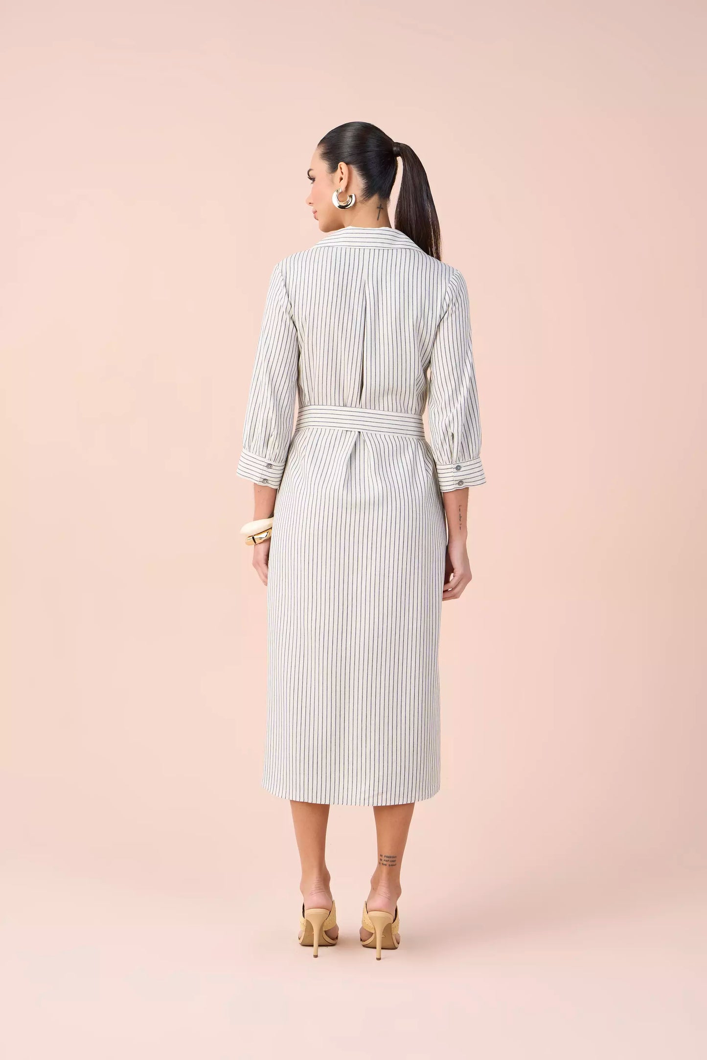 vestido chemise viscose midi manga 3/4 listrado
