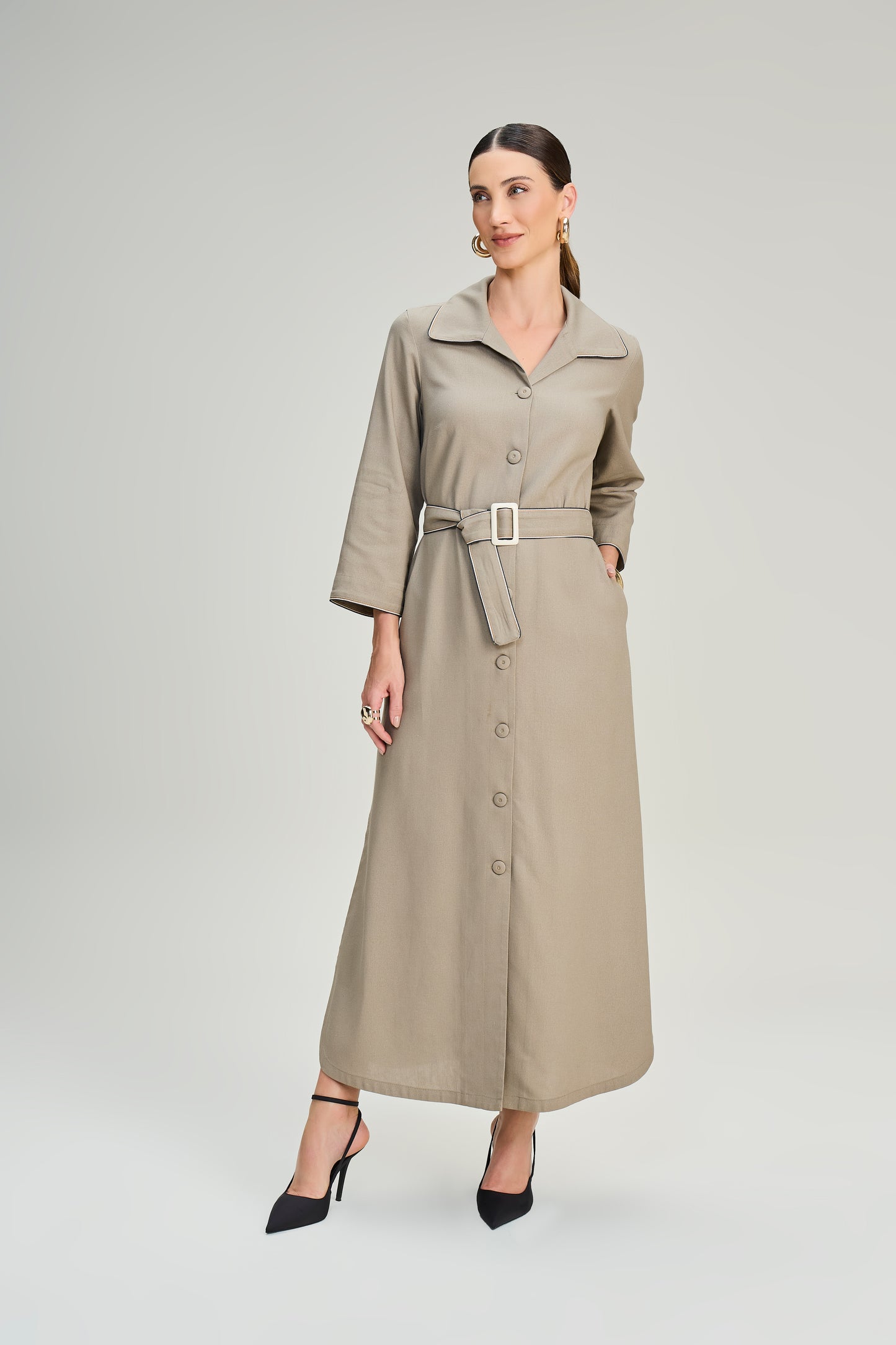 vestido chemise viscose longuete mangas 7/8 com faixa
