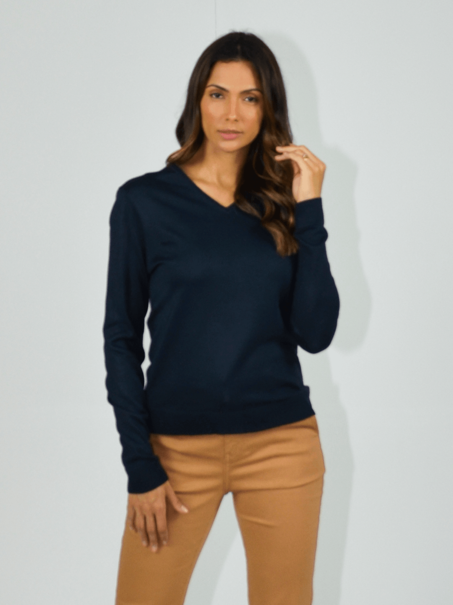 blusa tricot manga longa decote v