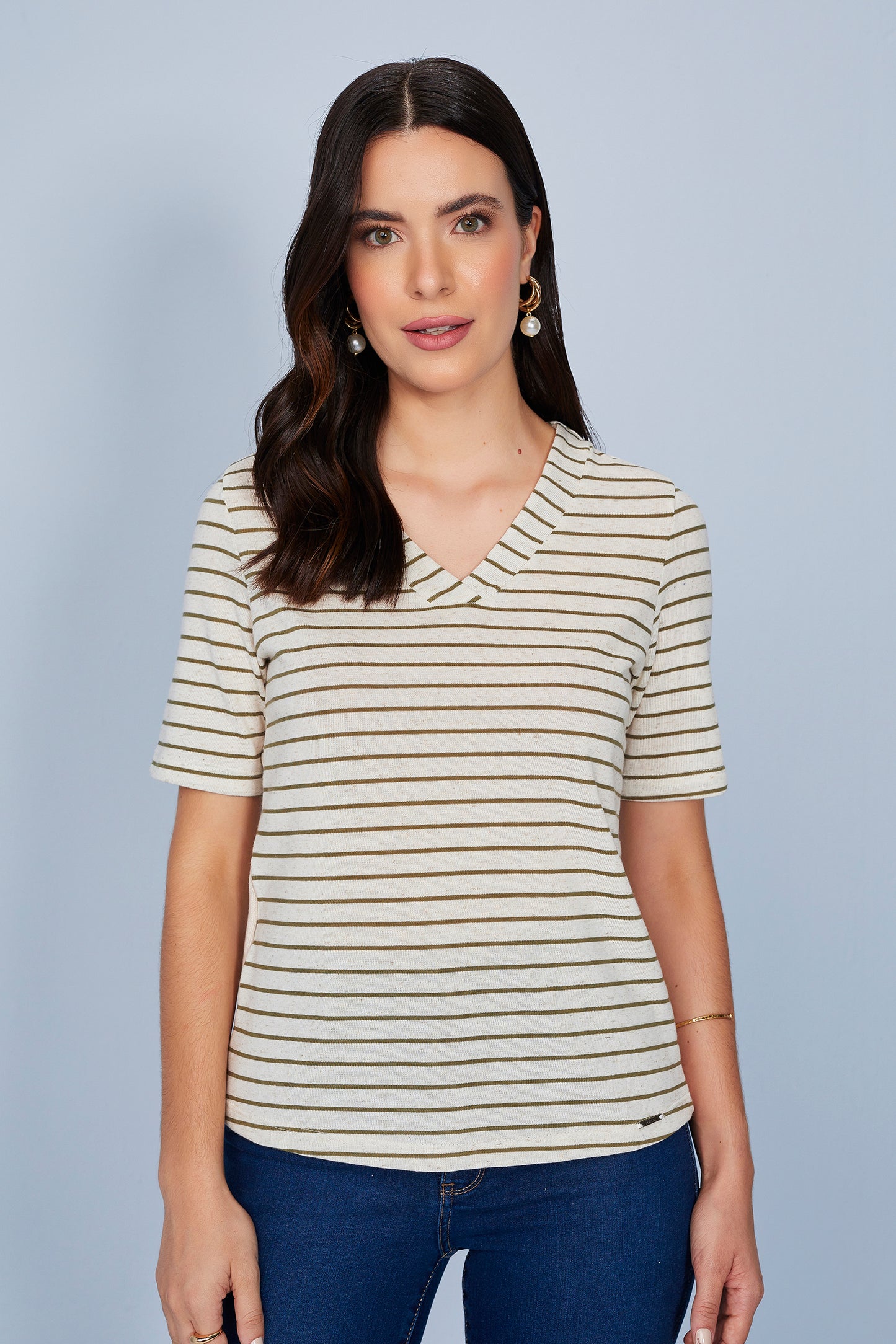 blusa malha manga curta gola v listrada