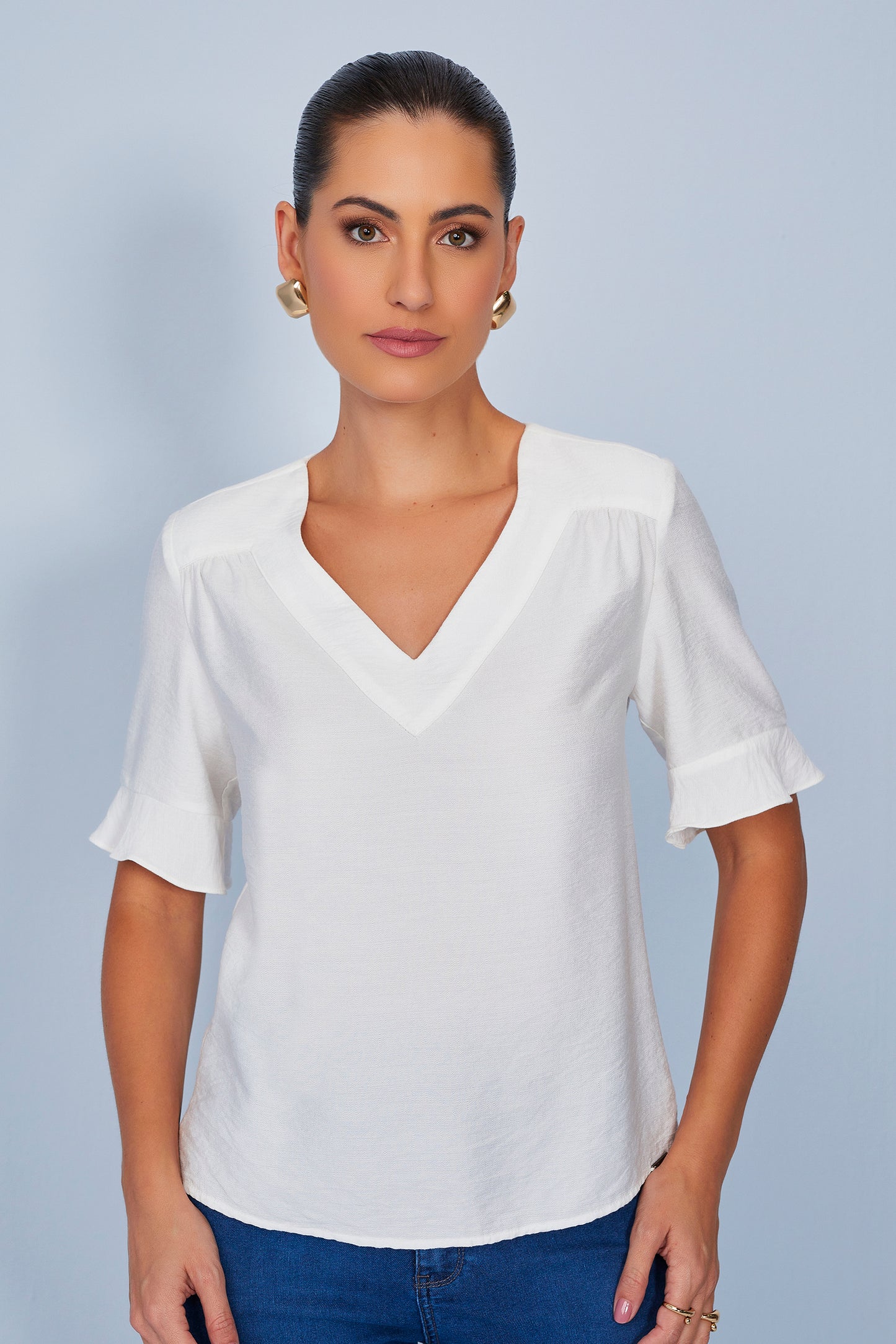 blusa viscose manga curta decote v com franzidos