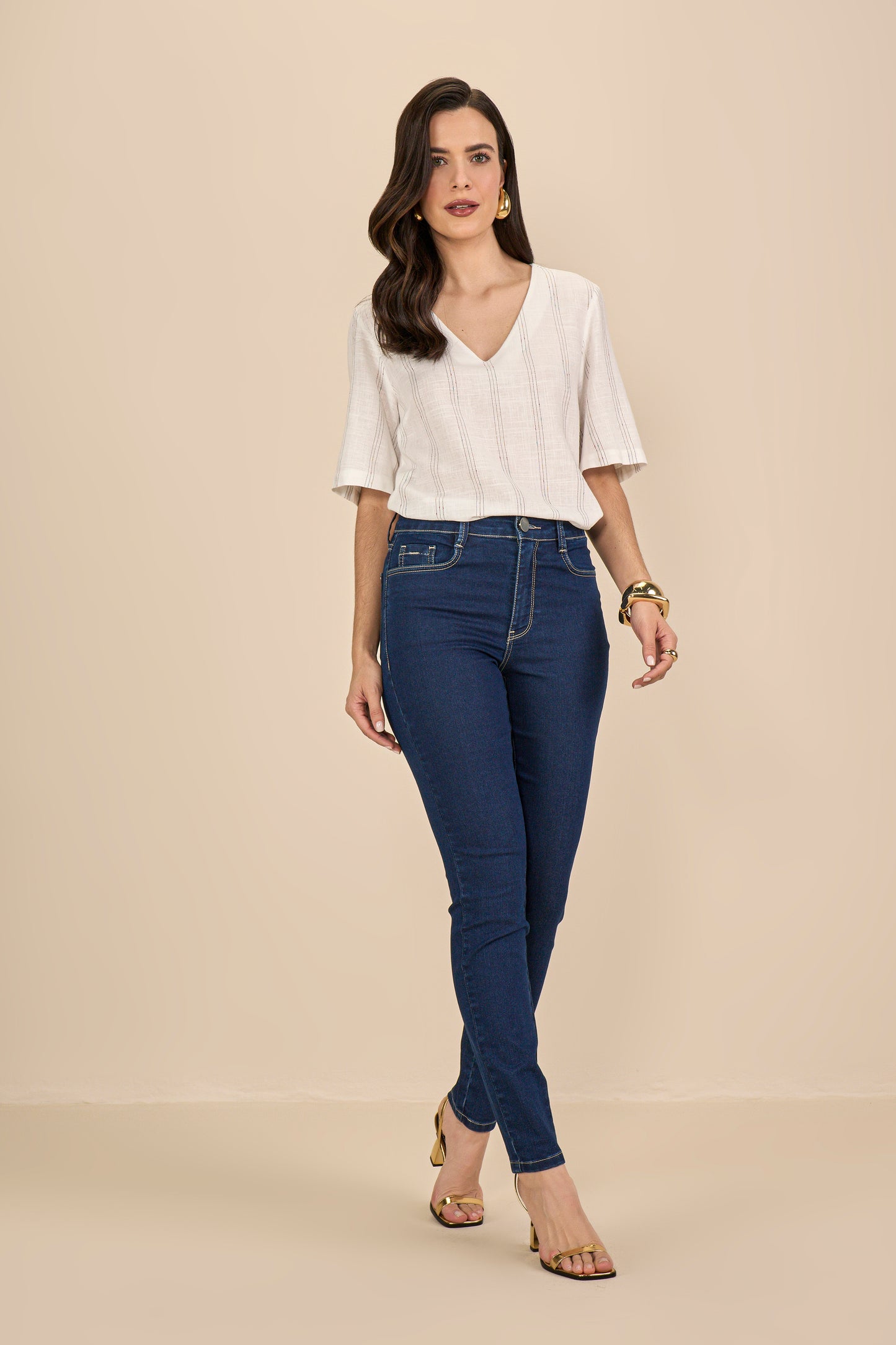 blusa viscose manga curta listrada com abertura