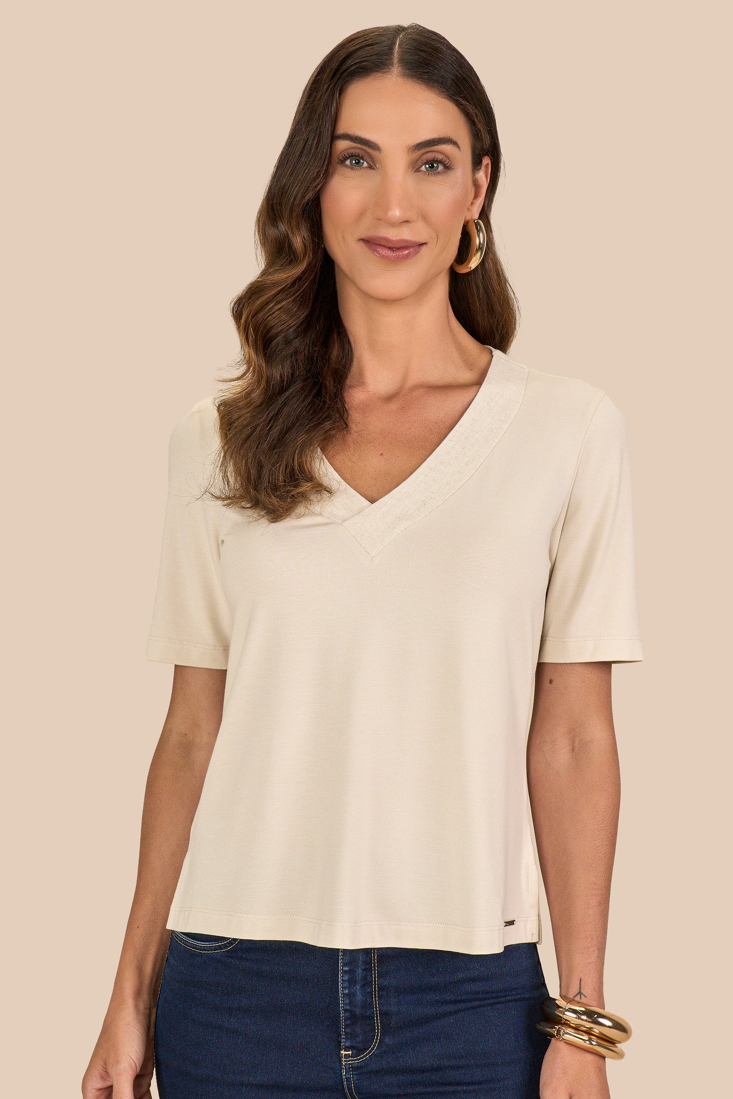 blusa malha manga curta com mix de tecidos