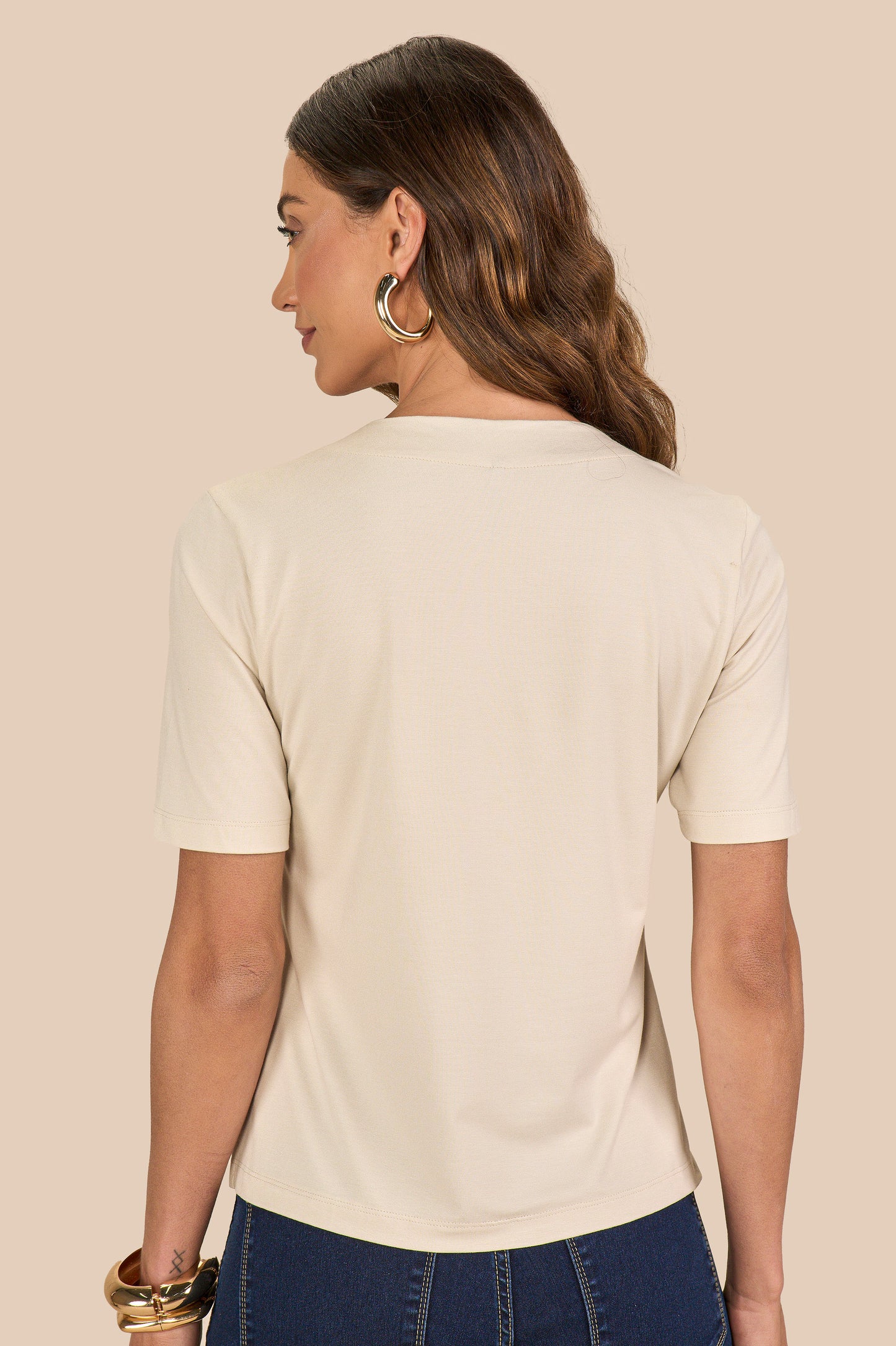 blusa malha manga curta com mix de tecidos