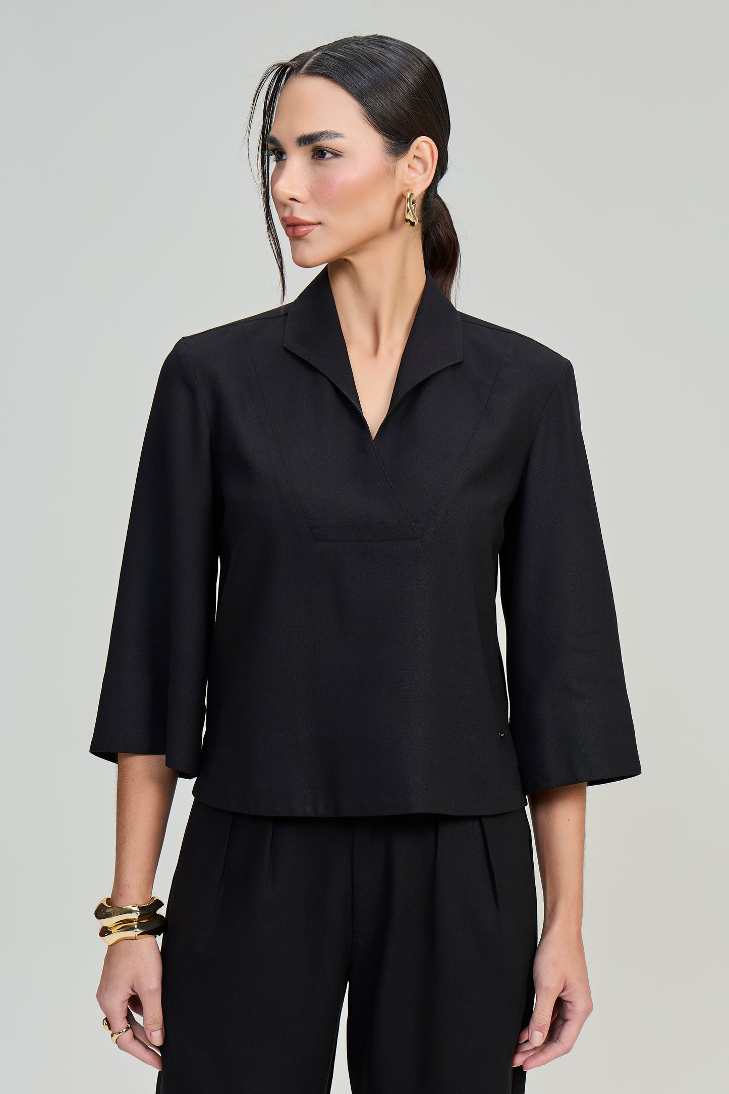 blusa viscose manga 3/4 com decote transpassado